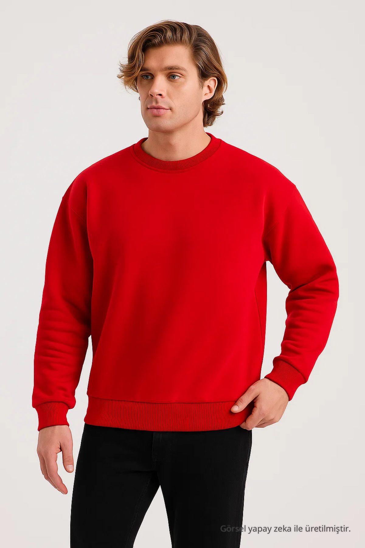 Erkek Bisiklet Yaka Salaş KIRMIZI Sweatshirt 3