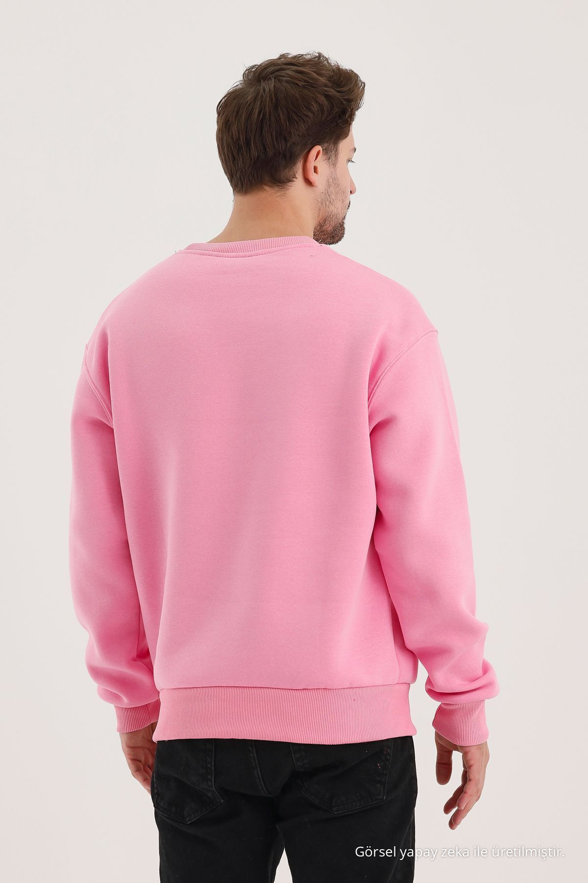 Erkek Bisiklet Yaka Salaş Pembe Sweatshirt 6