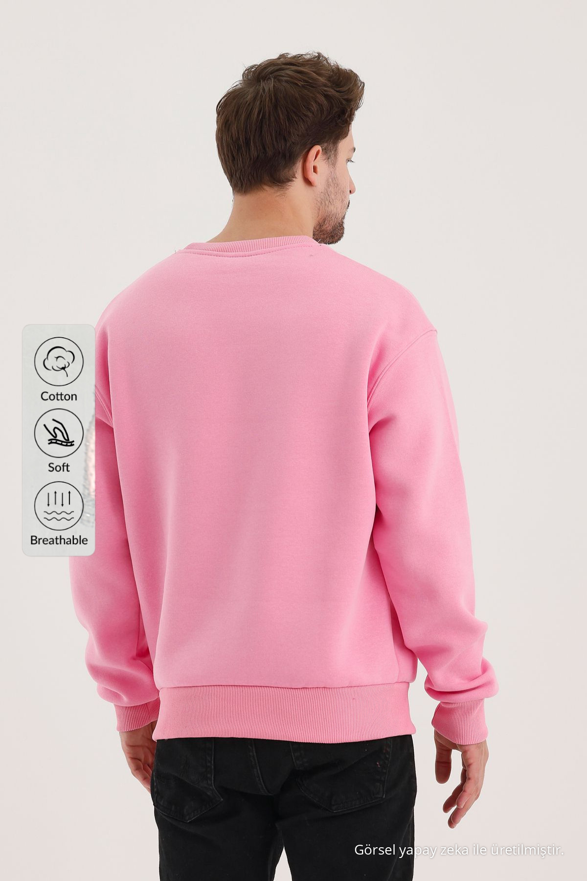 Erkek Bisiklet Yaka Salaş Pembe Sweatshirt 4