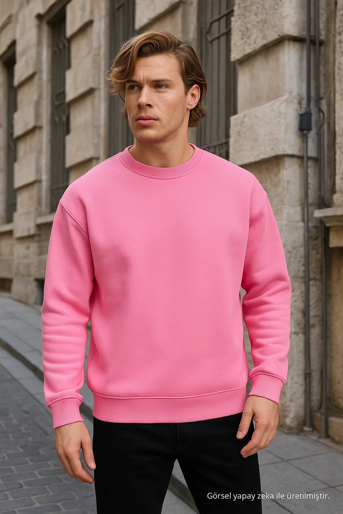 Erkek Bisiklet Yaka Salaş Pembe Sweatshirt 3
