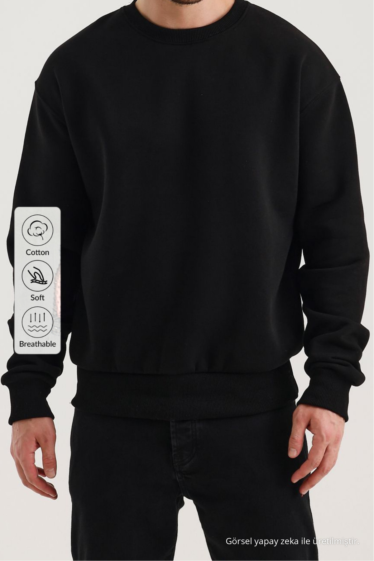 Erkek Bisiklet Yaka Salaş Siyah Sweatshirt 4