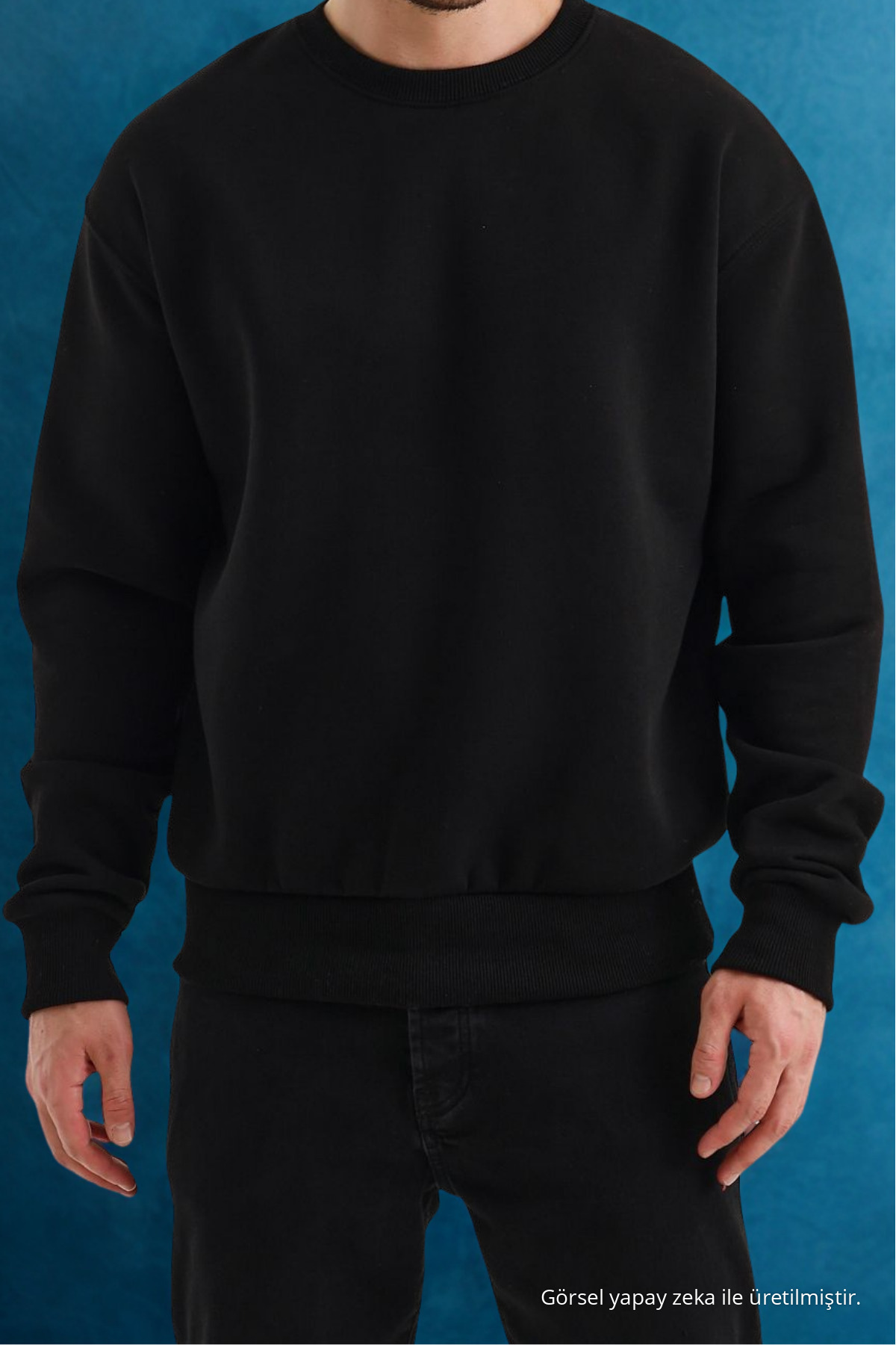 Erkek Bisiklet Yaka Salaş Siyah Sweatshirt 6