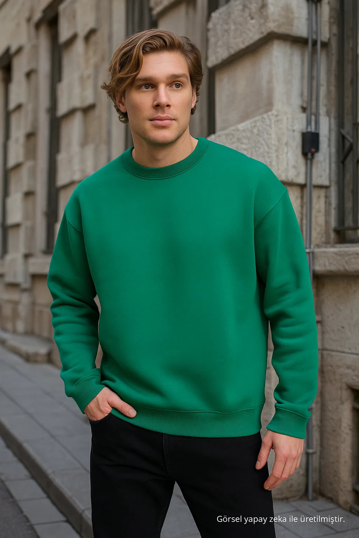 Erkek Bisiklet Yaka Salaş YEŞİL Sweatshirt 3