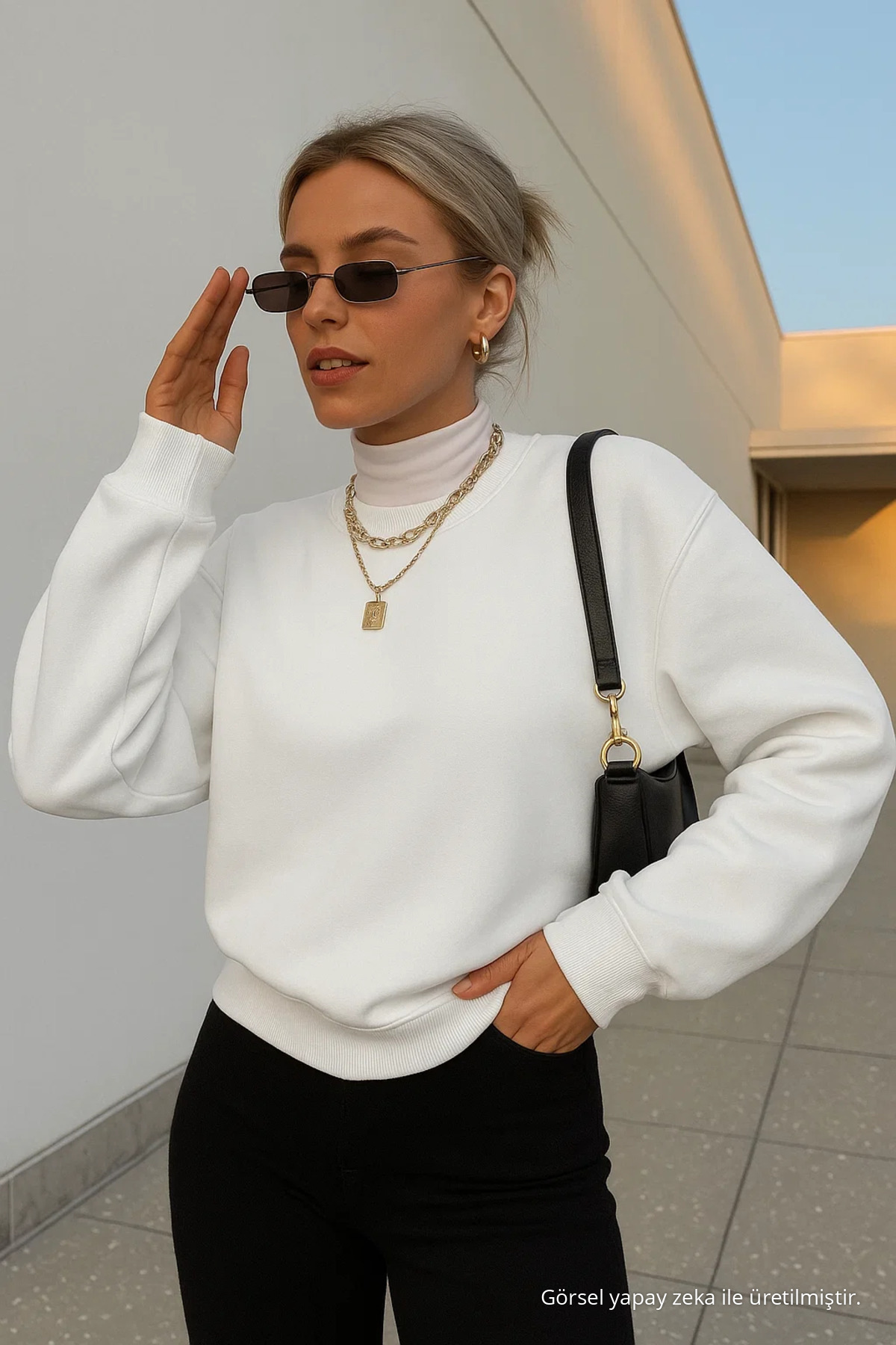 Kadın Basic Oversize Kışlık Beyaz Sweatshirt 5