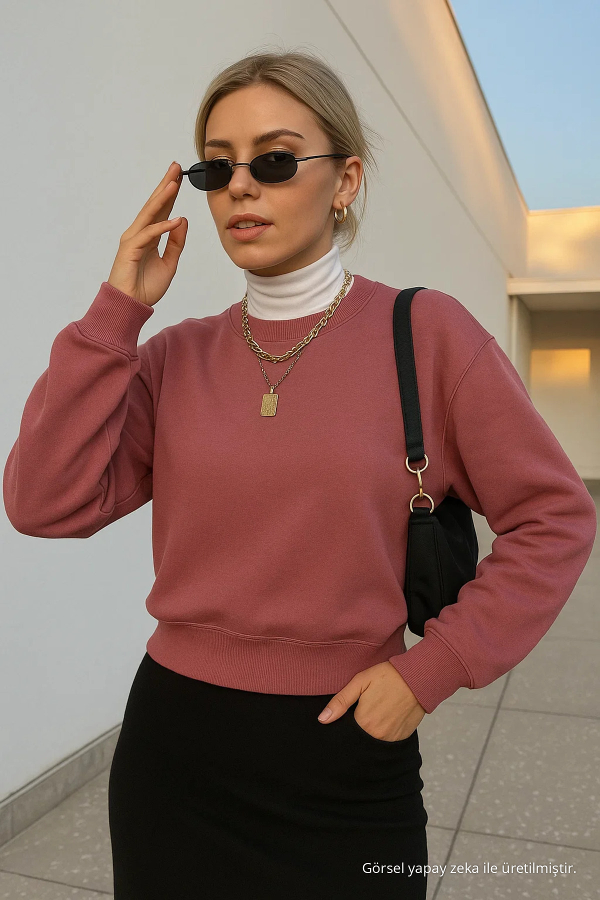Kadın Basic Oversize Gül Kurusu Sweatshirt 3