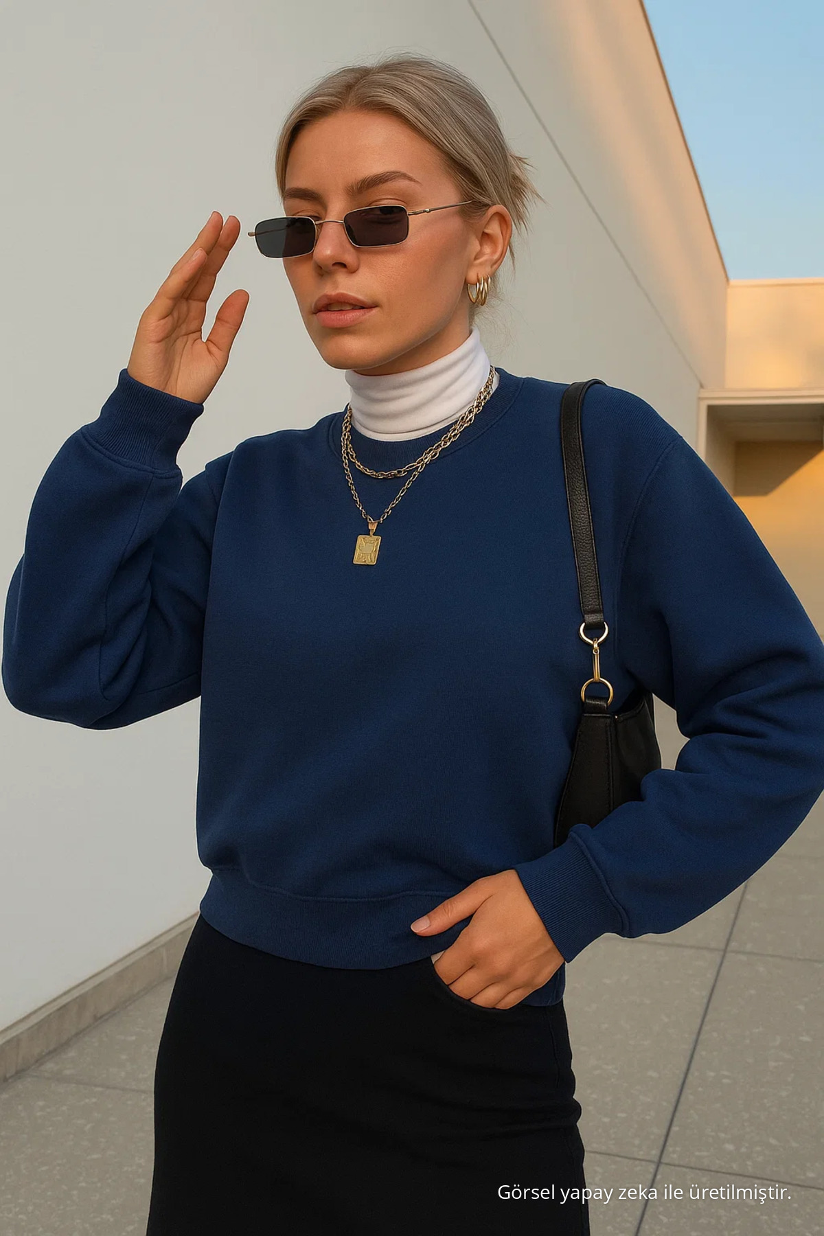 Kadın Basic Oversize Kışlık Laci Sweatshirt LACİVERT 3