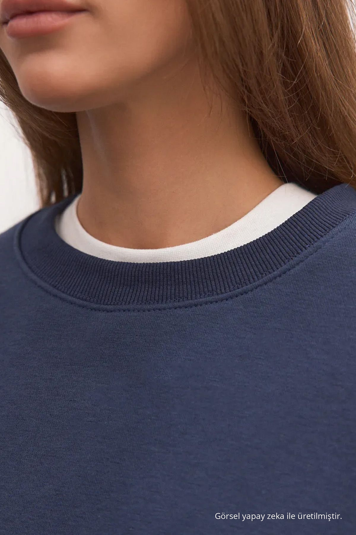 Kadın Basic Oversize Kışlık Laci Sweatshirt LACİVERT 6