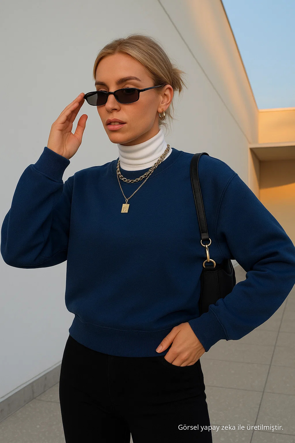 Kadın Basic Oversize Kışlık Laci Sweatshirt LACİVERT 5
