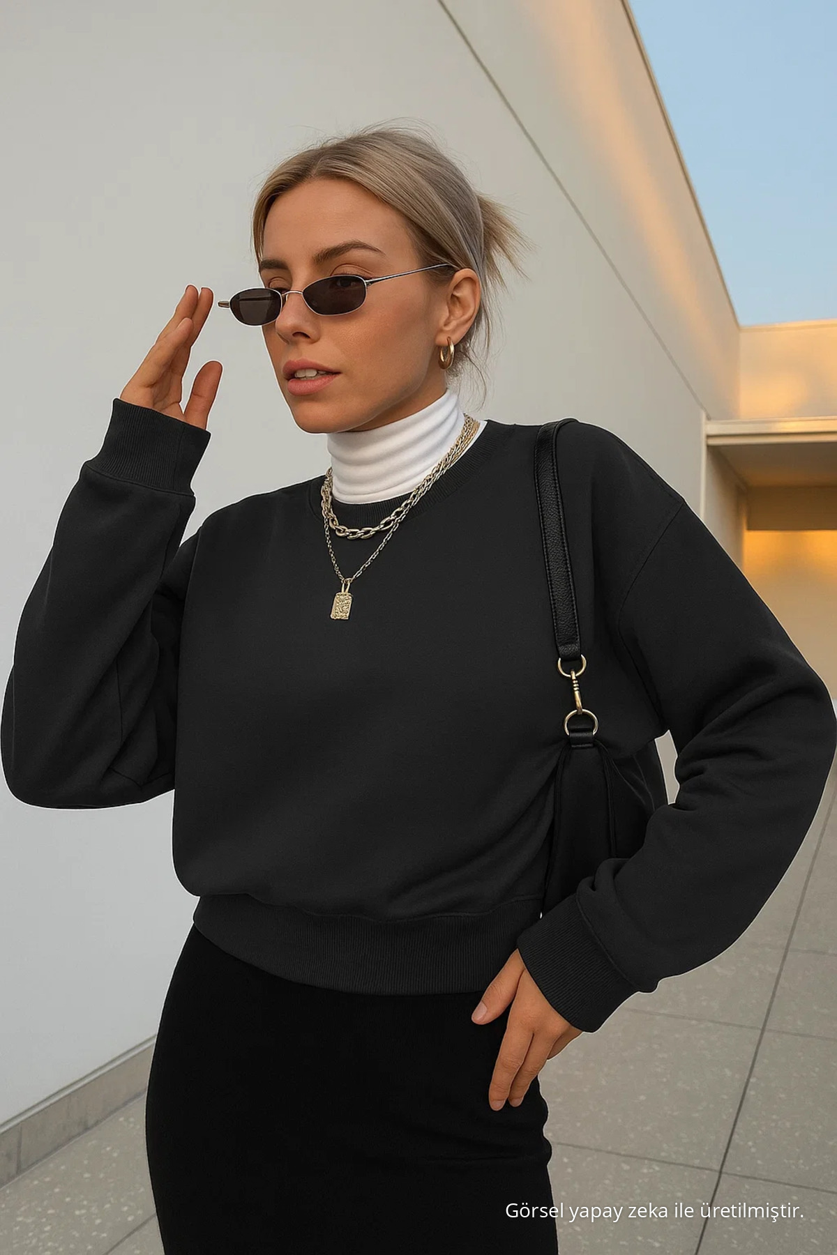 Kadın Basic Oversize Kışlık Siyah Sweatshirt 3