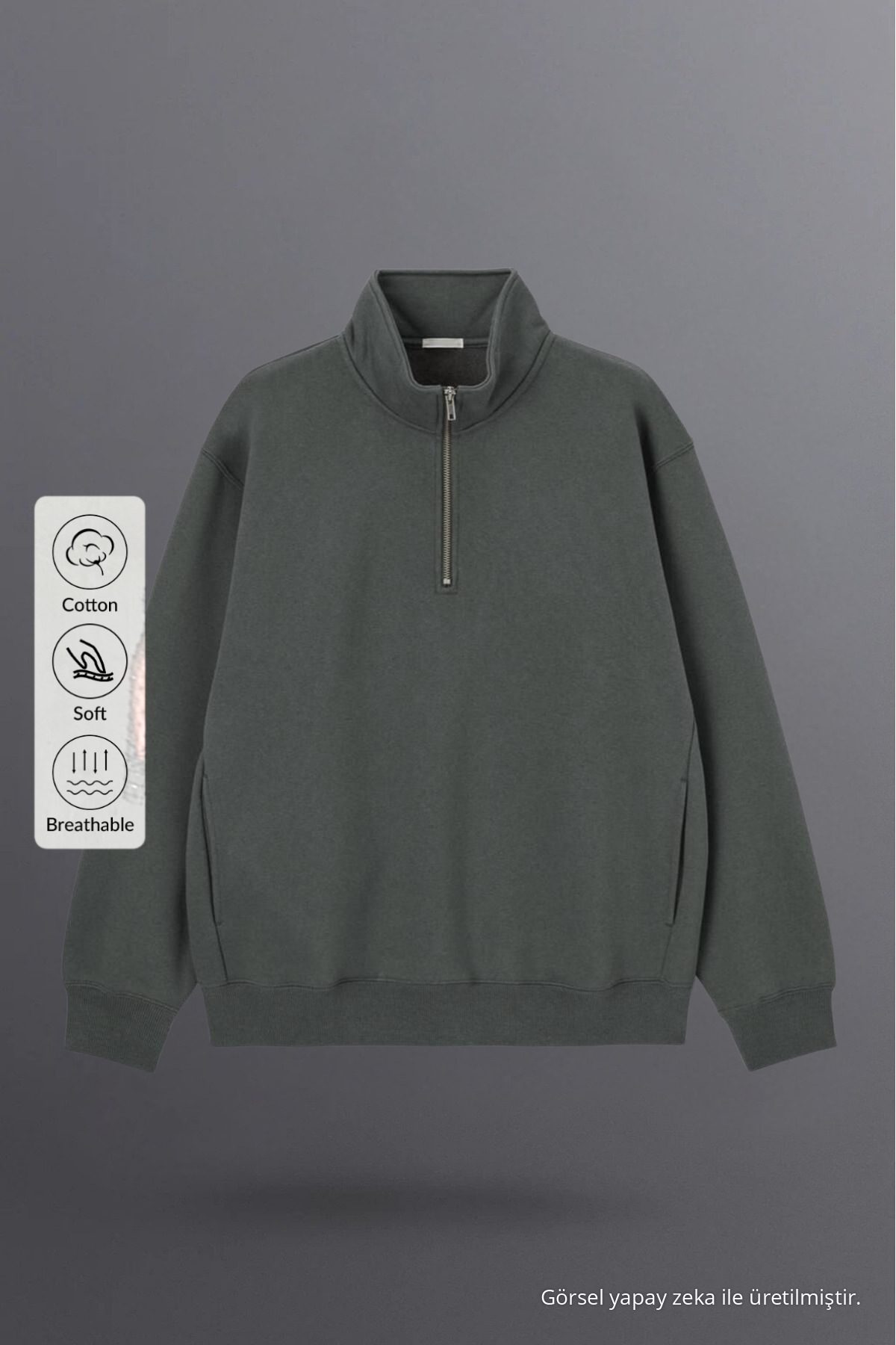 Erkek Yarım Fermuarlı Bol Füme Sweatshirt 3