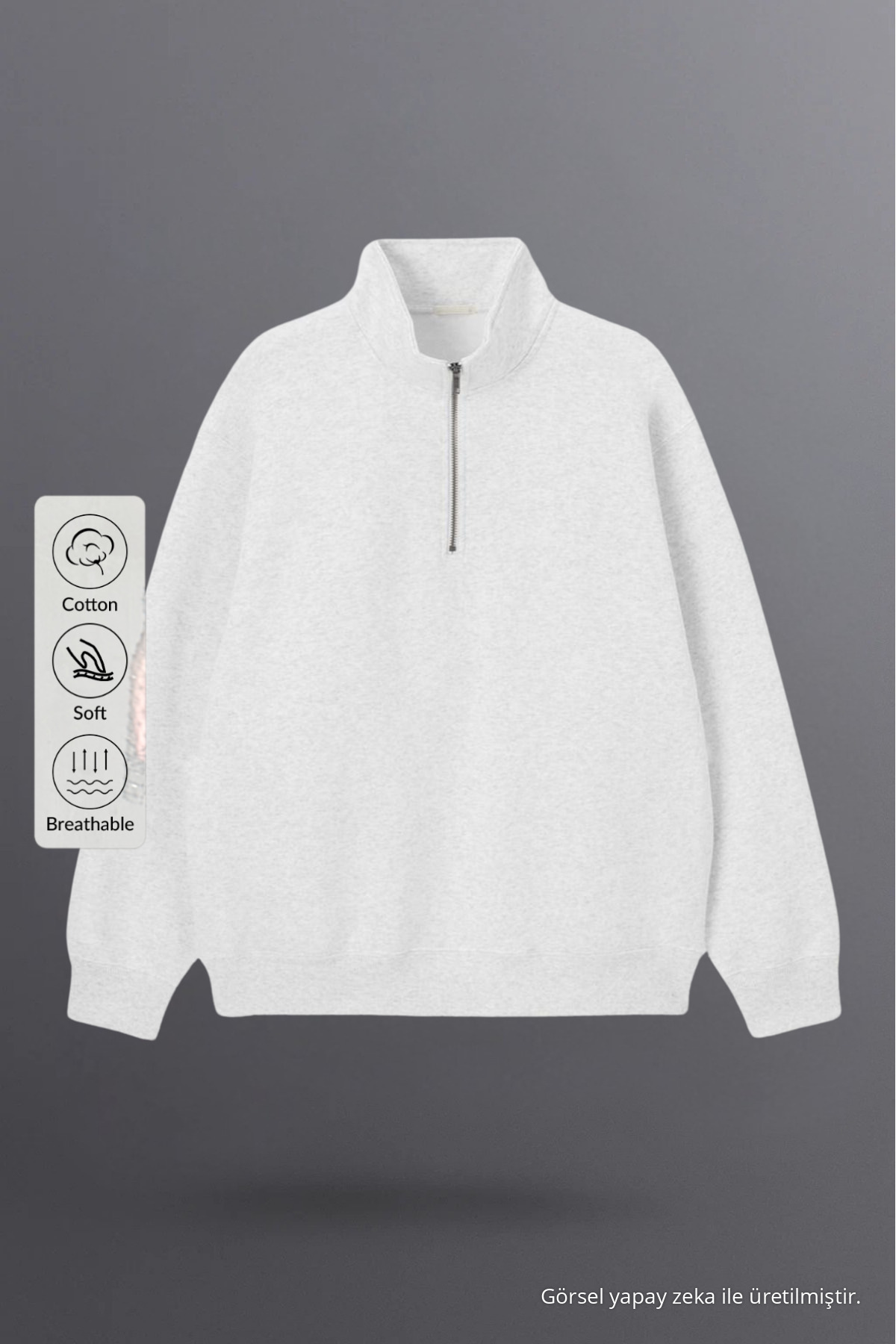 Erkek Yarım Fermuarlı Bol GRİ Sweatshirt 3