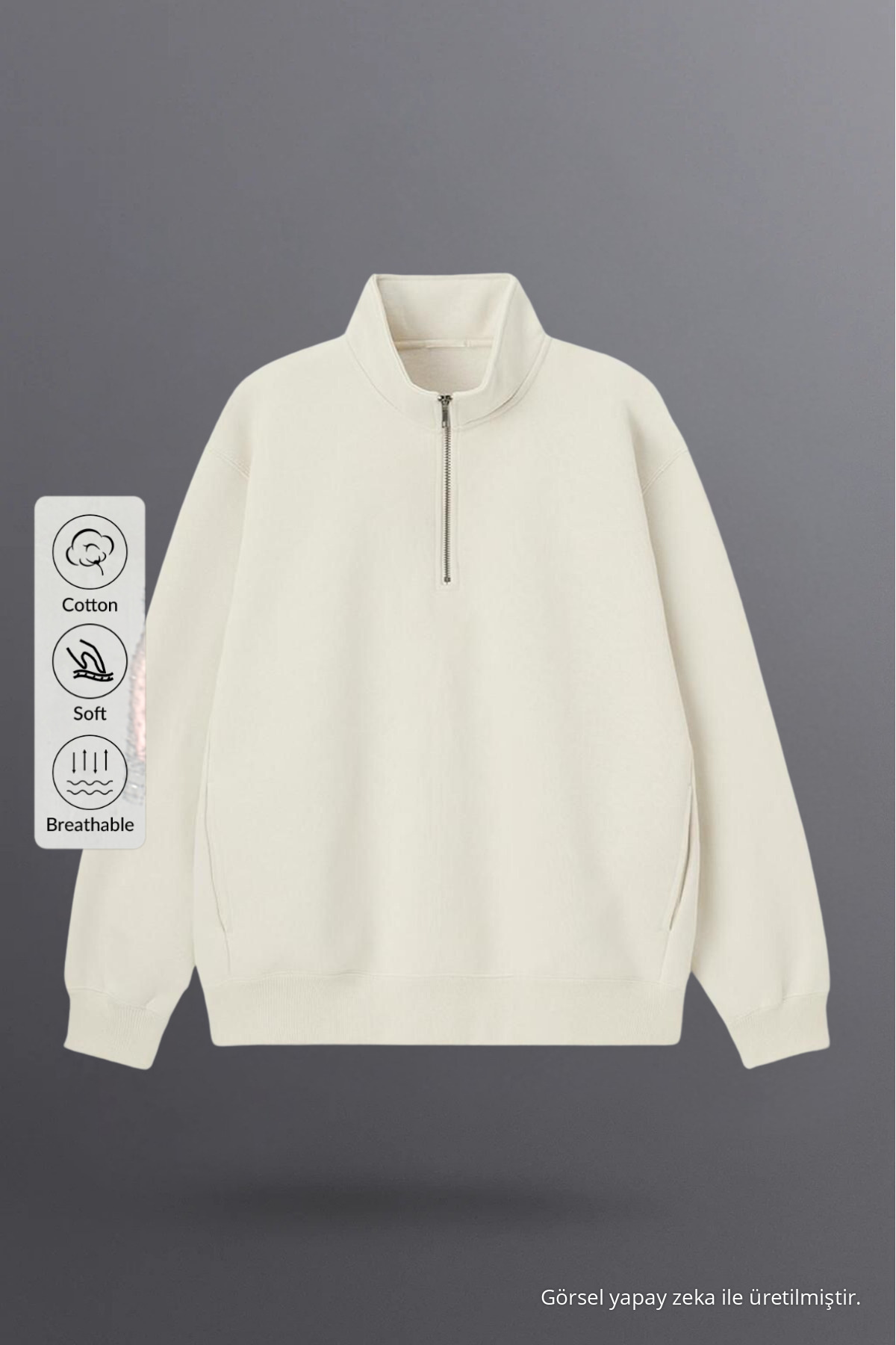 Erkek Yarım Fermuarlı Bol Krem Sweatshirt 3