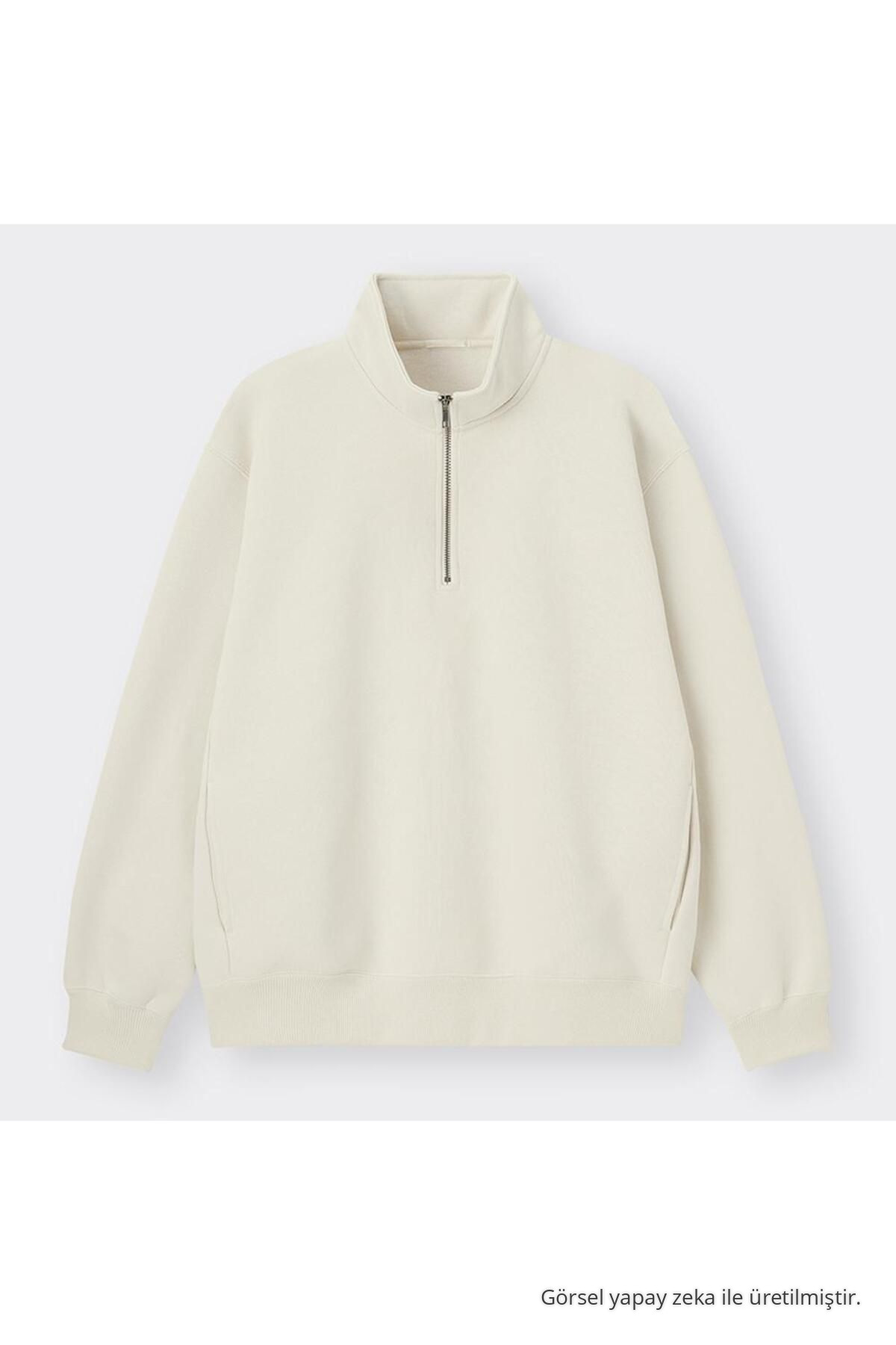 Erkek Yarım Fermuarlı Bol Krem Sweatshirt 4