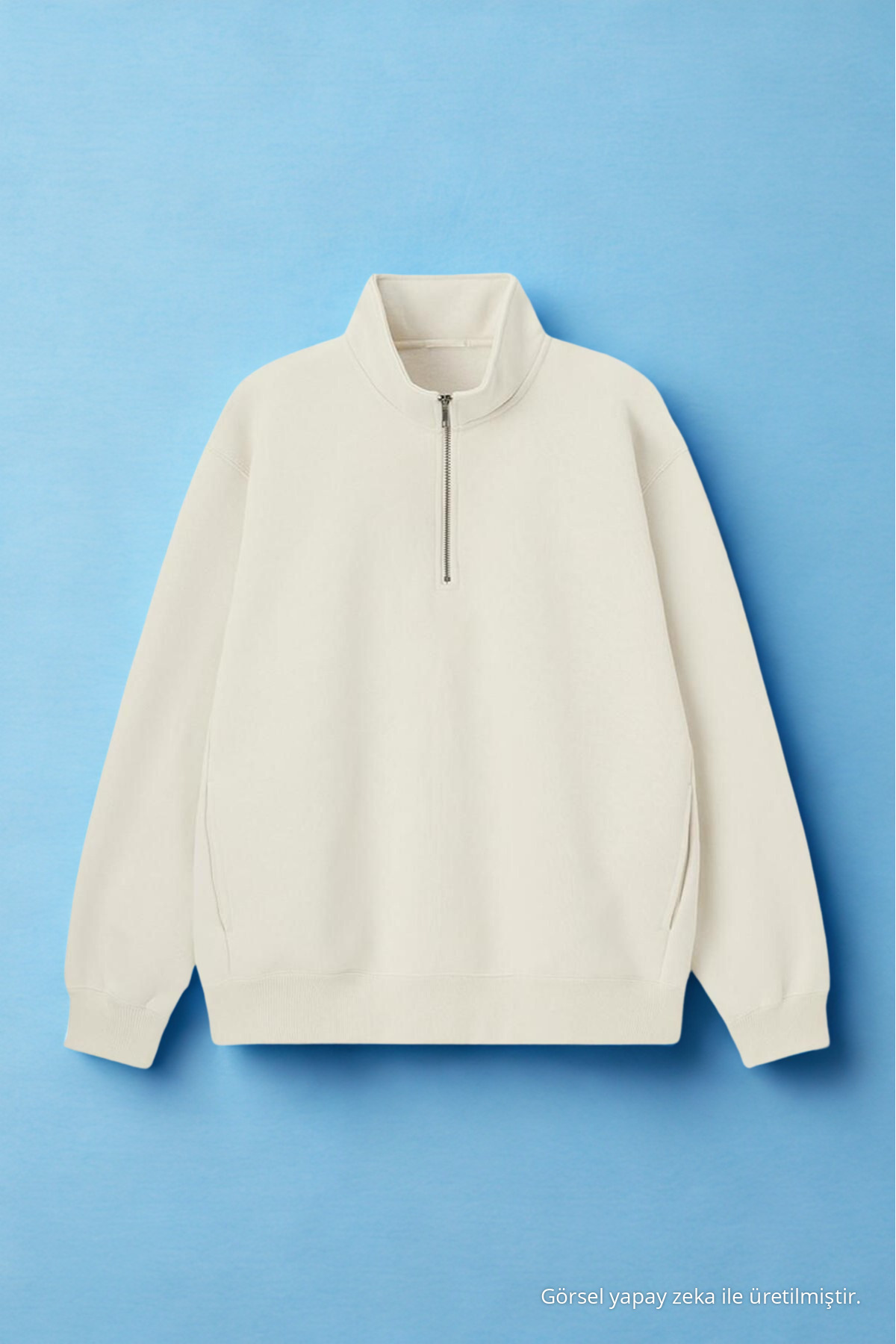 Erkek Yarım Fermuarlı Bol Krem Sweatshirt 6