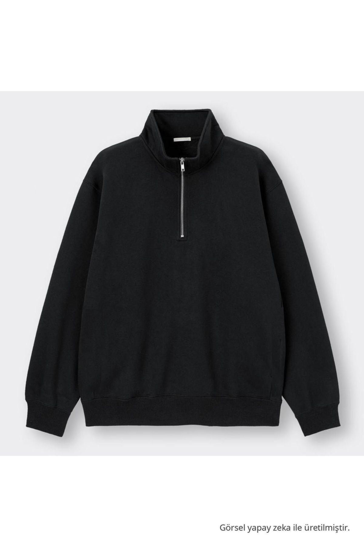 Erkek Yarım Fermuarlı Bol Siyah Sweatshirt 5