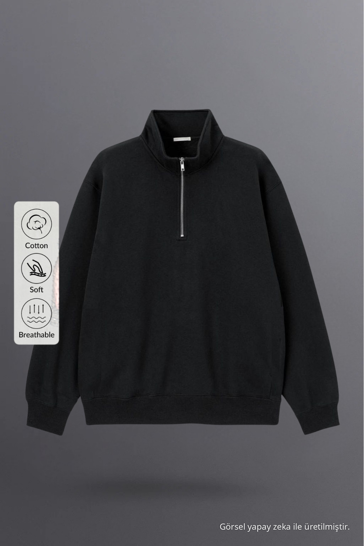 Erkek Yarım Fermuarlı Bol Siyah Sweatshirt 4