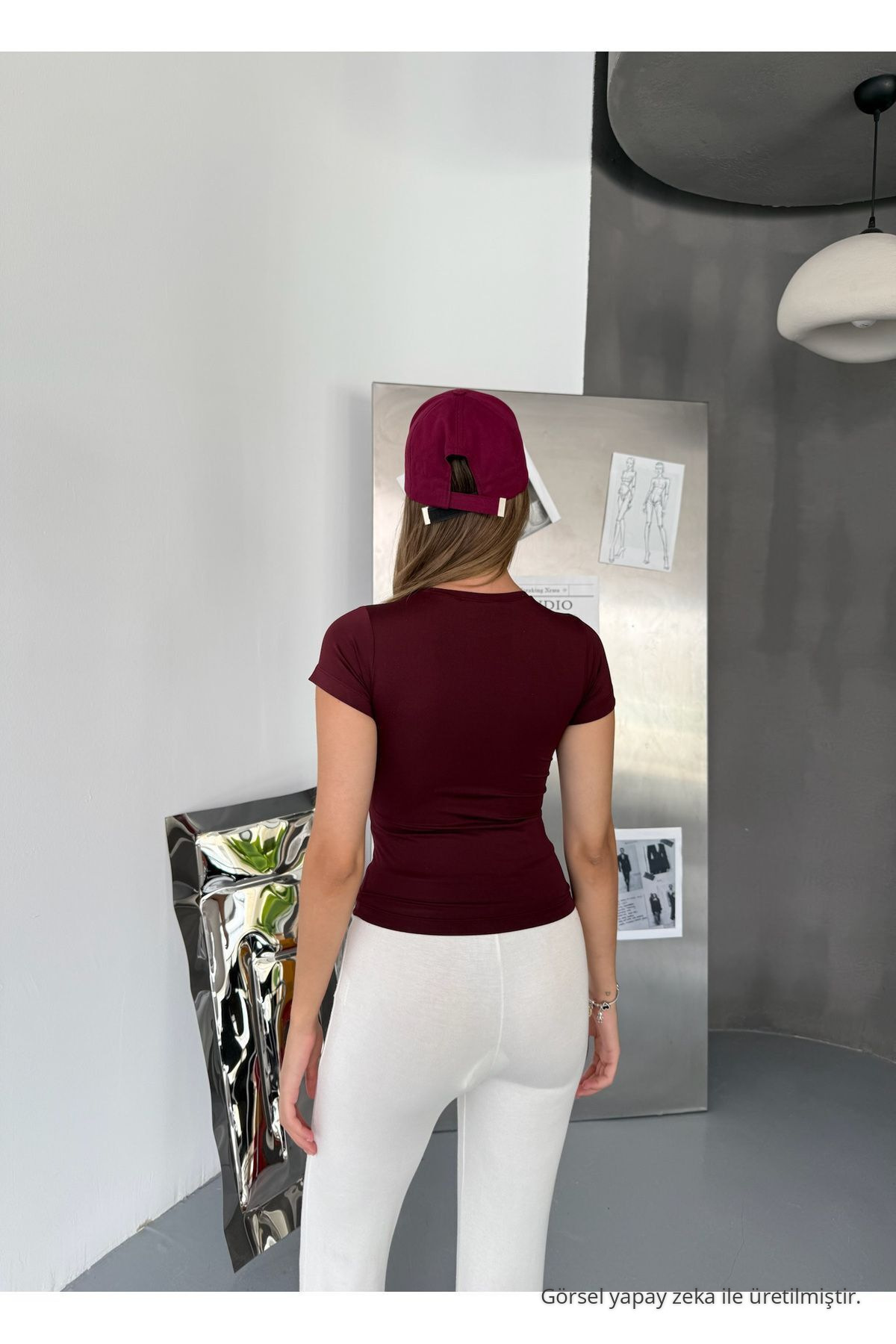 Kadın Bordo Bisiklet Yaka Body T-shirt 4