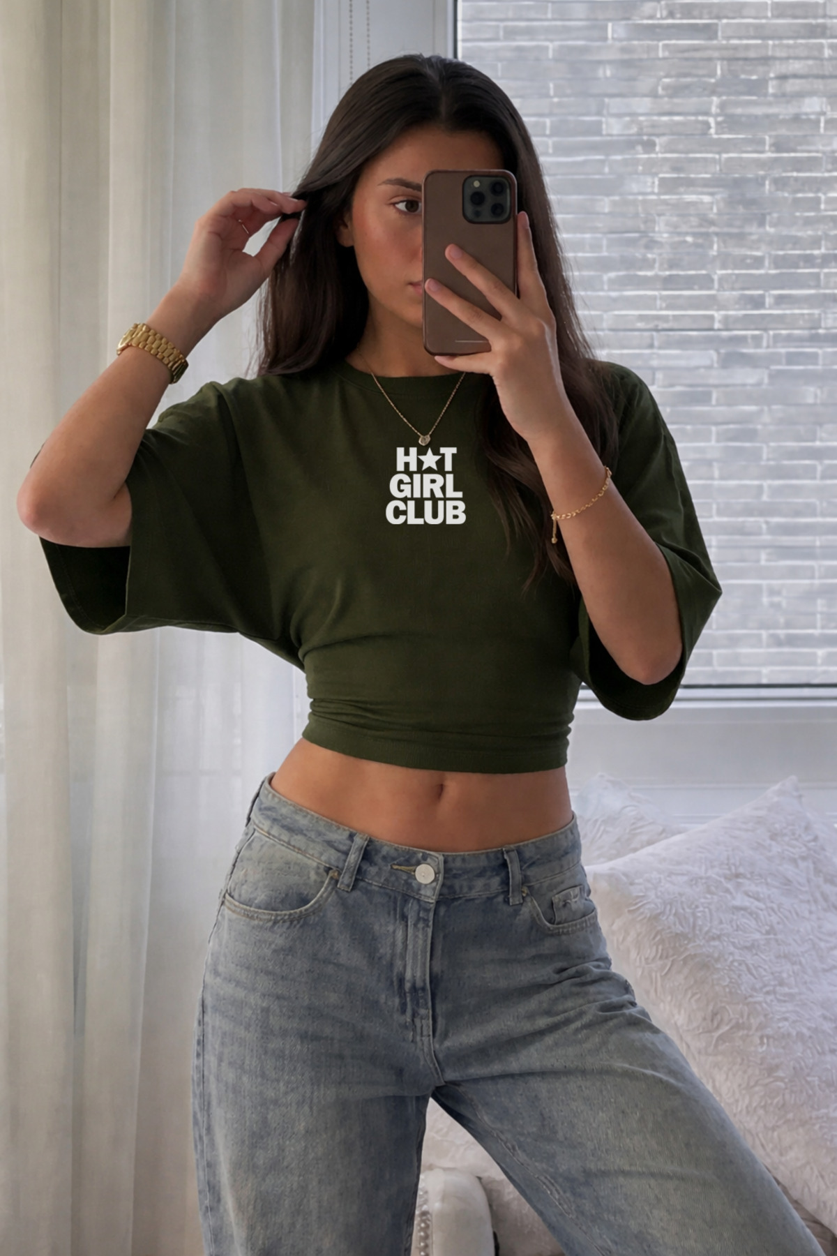 Kadın Hot Gırl Club Baskılı Haki Crop Bluz