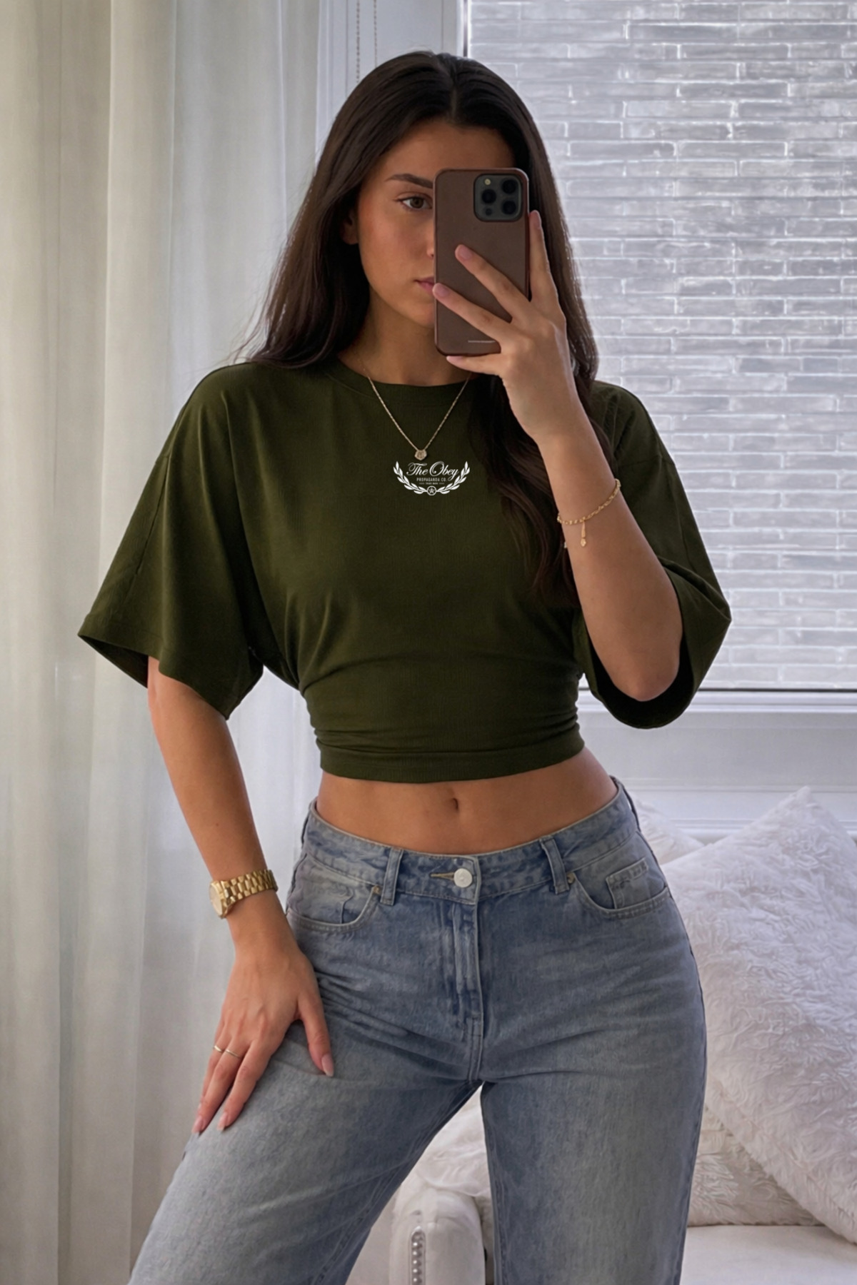 Kadın Obey Yazı Baskılı Dar Haki Crop Bluz