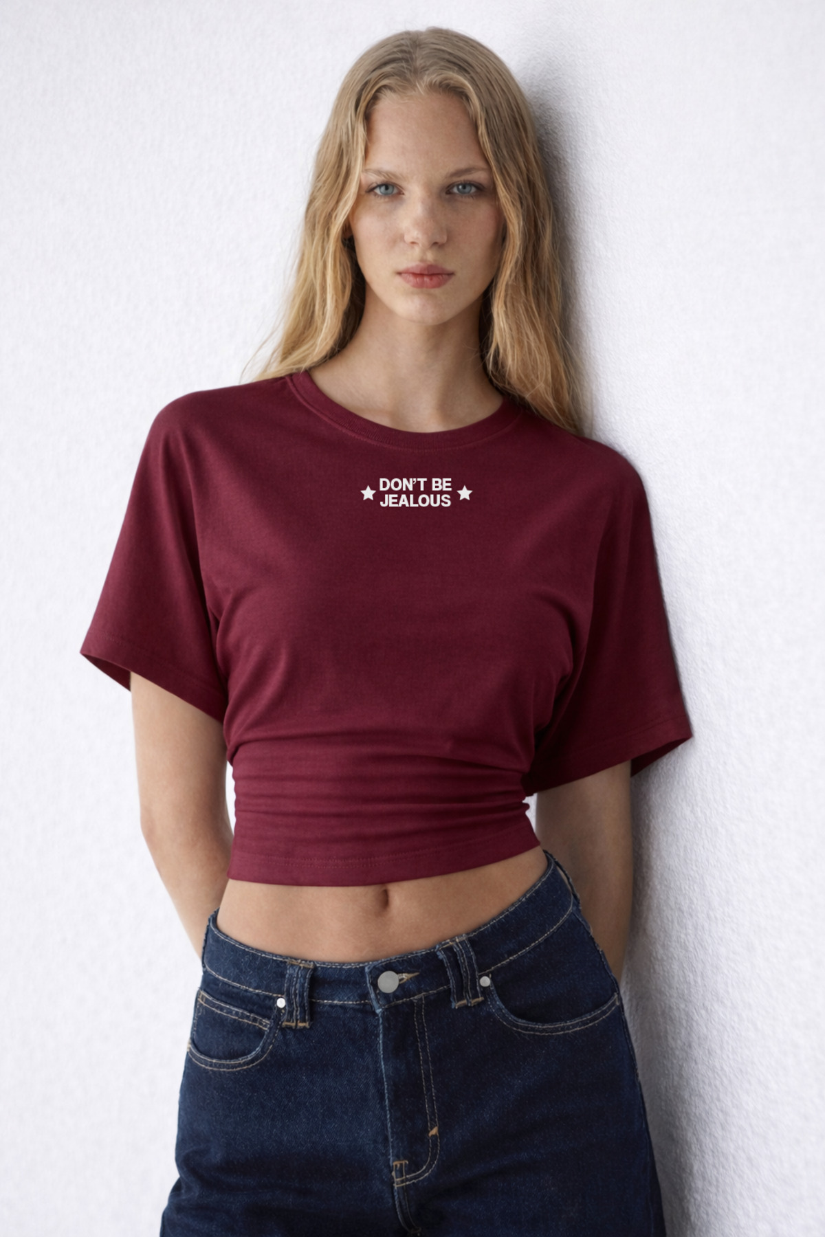 Kadın Jealous Yazı Baskılı Bordo Crop Bluz