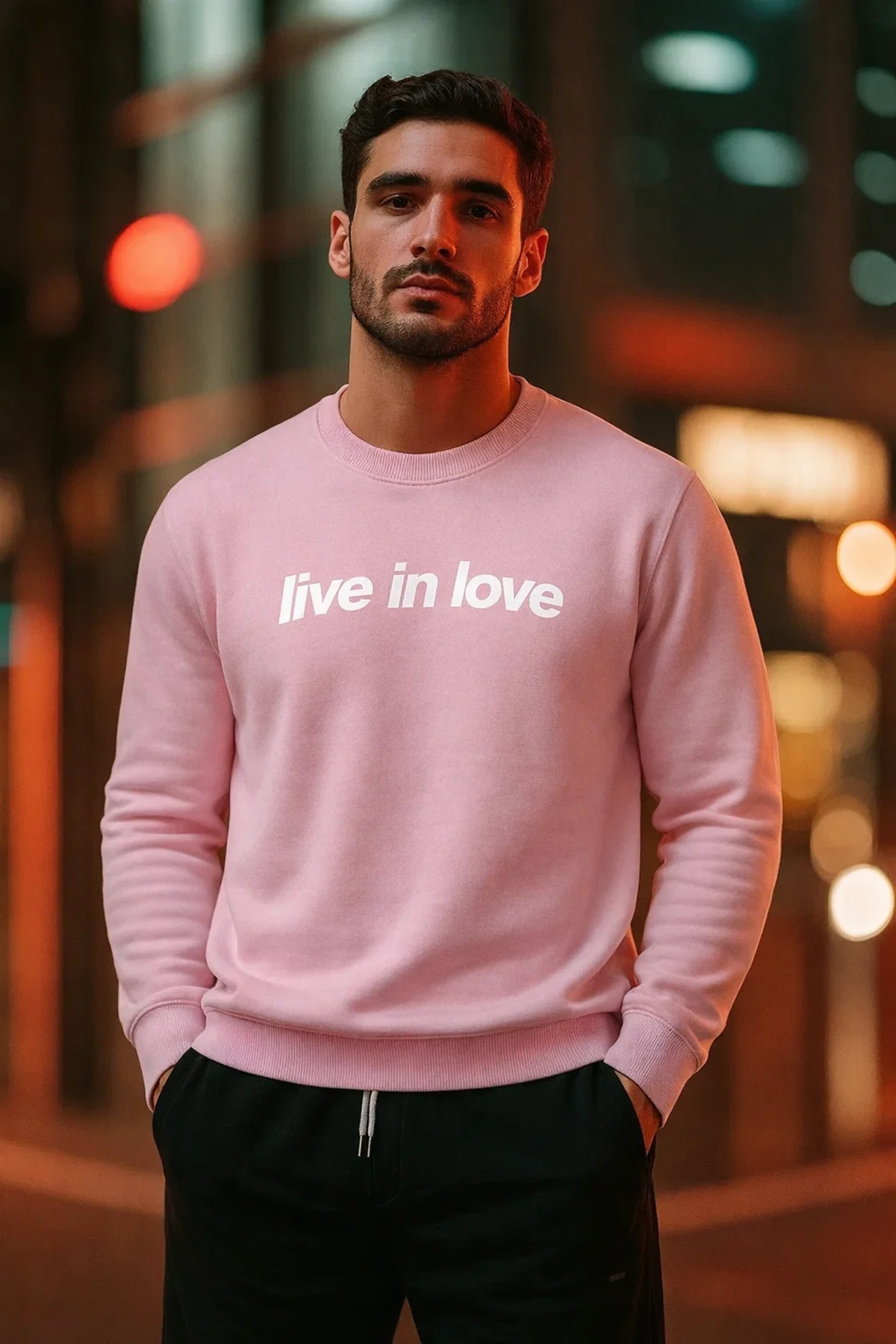 Erkek Live İn Love Baskılı Pembe Sweatshirt