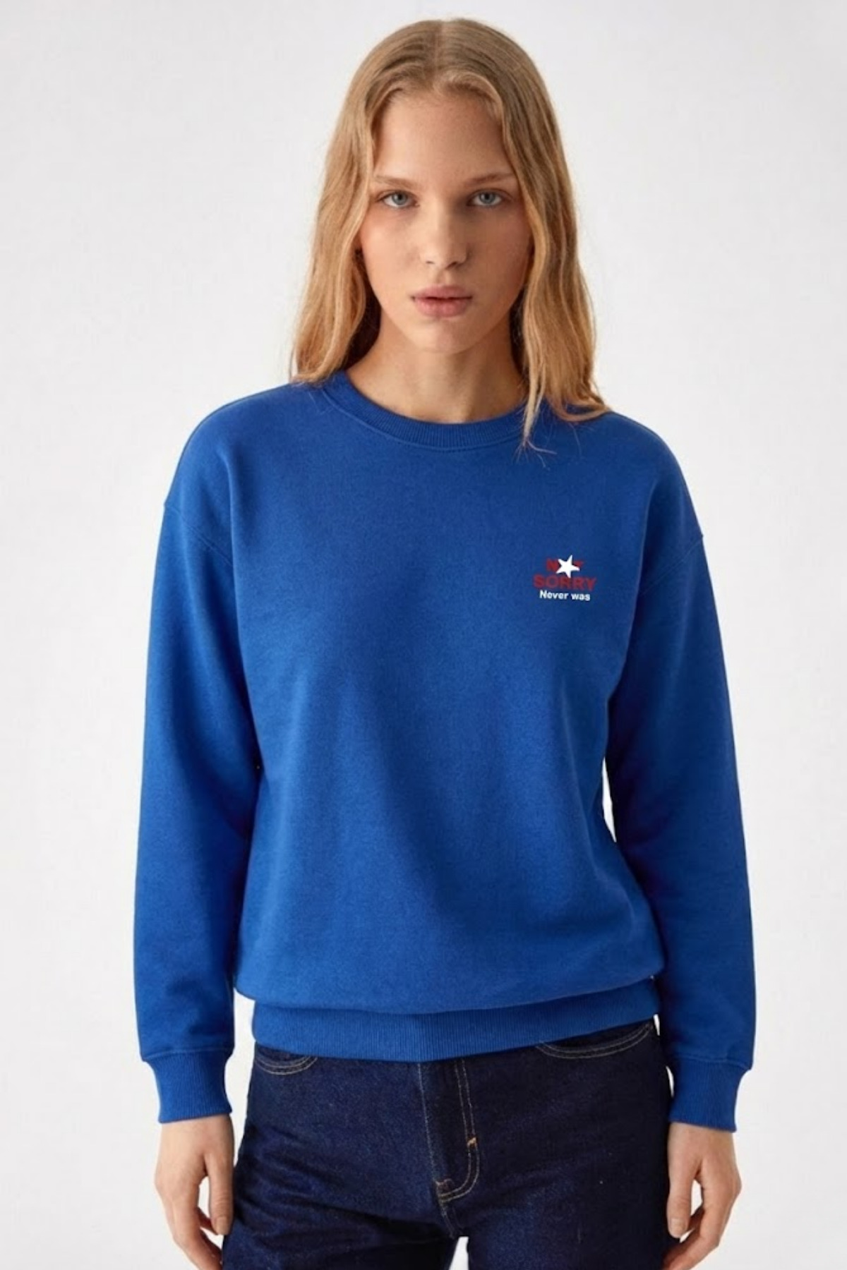 Kadın Sorry Göğüs Baskılı Mavi Sweatshirt