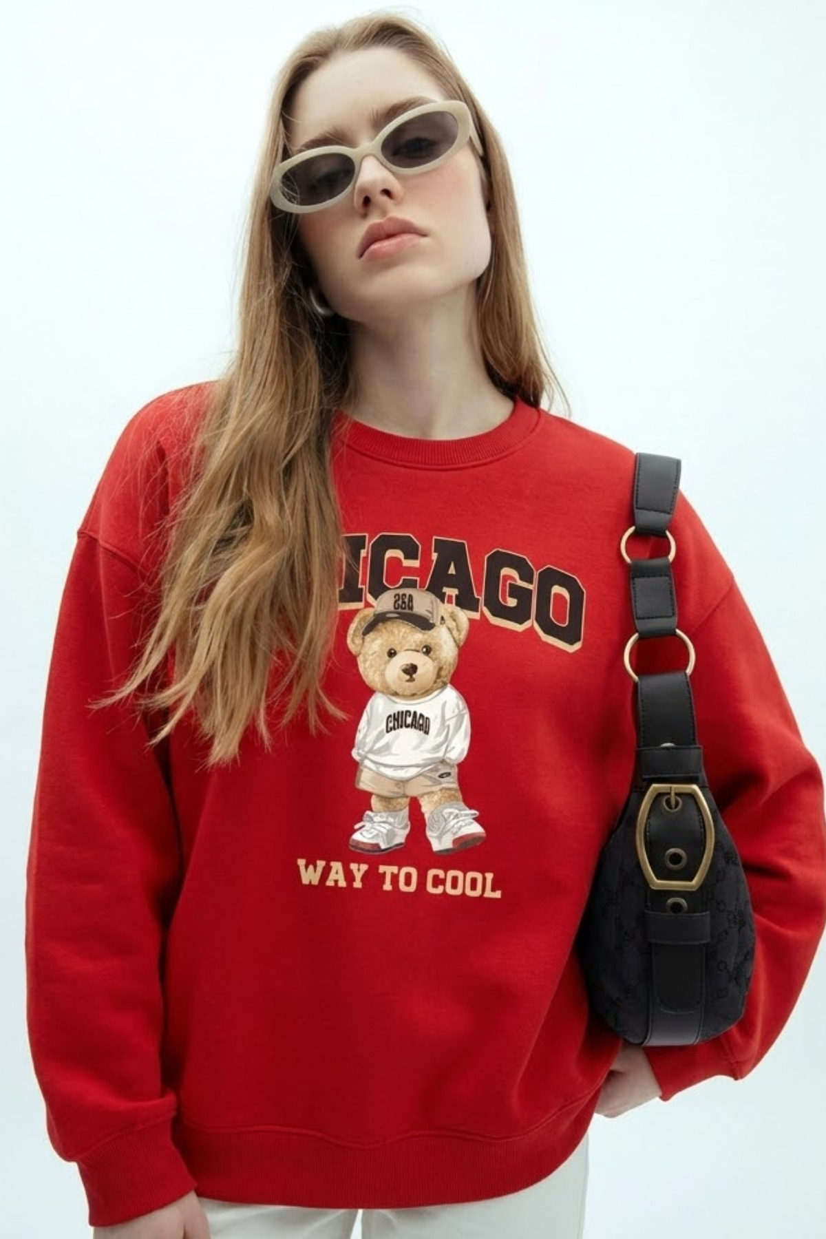 Kadın CHICAGO Baskı Kırmızı Bol Sweatshirt