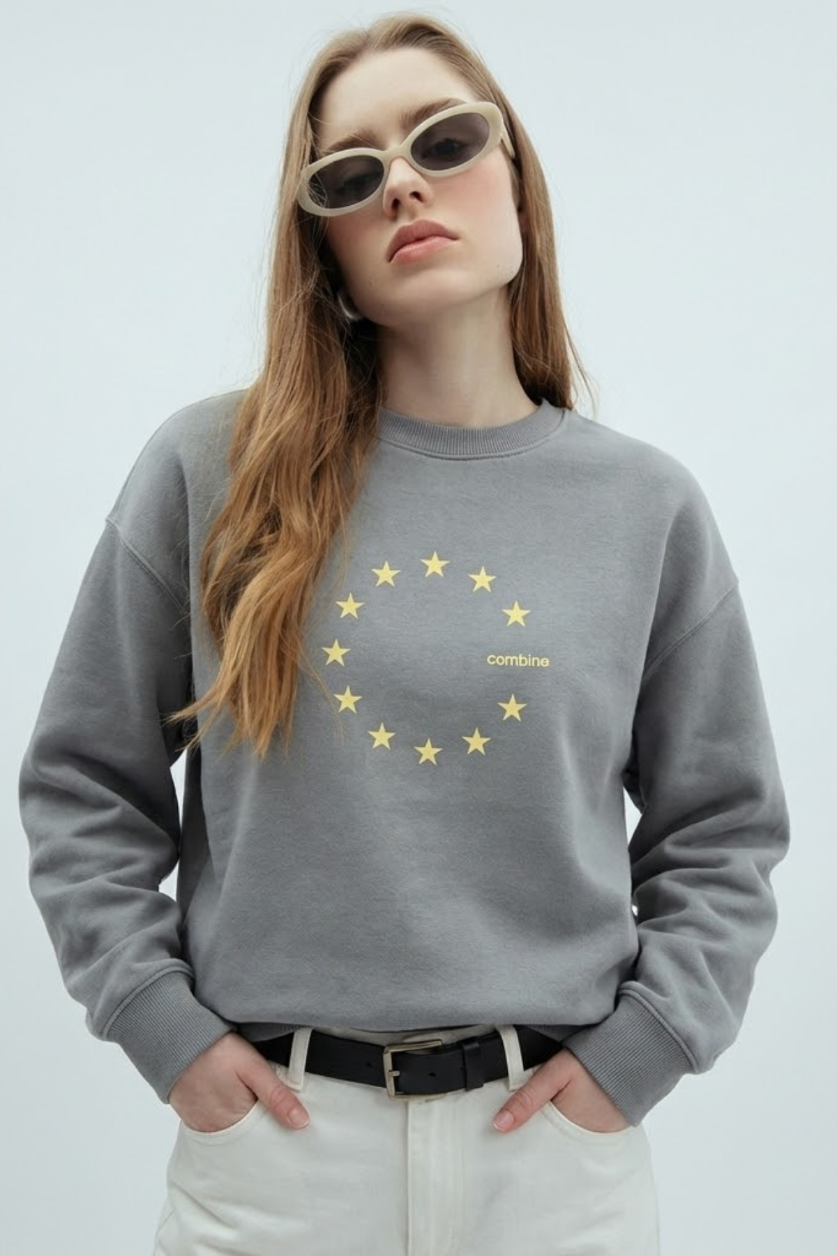 Kadın Yıldız Avrupa Baskılı Gri Sweatshirt