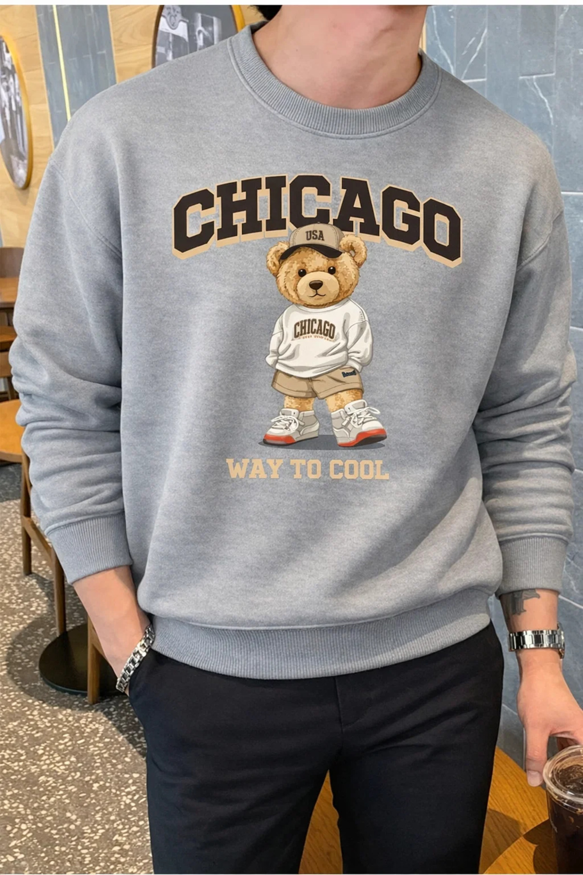 Erkek Chıcago Baskılı Salaş Gri Sweatshirt