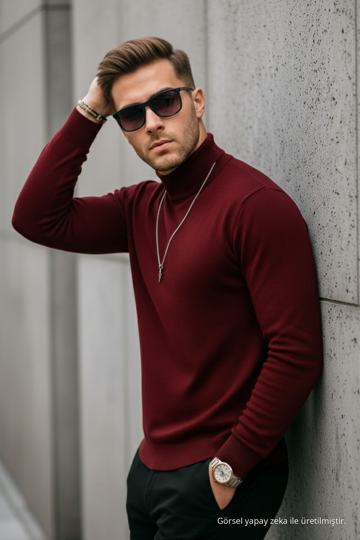 Erkek Premium Bordo Boğazlı Bol Triko Kazak 3