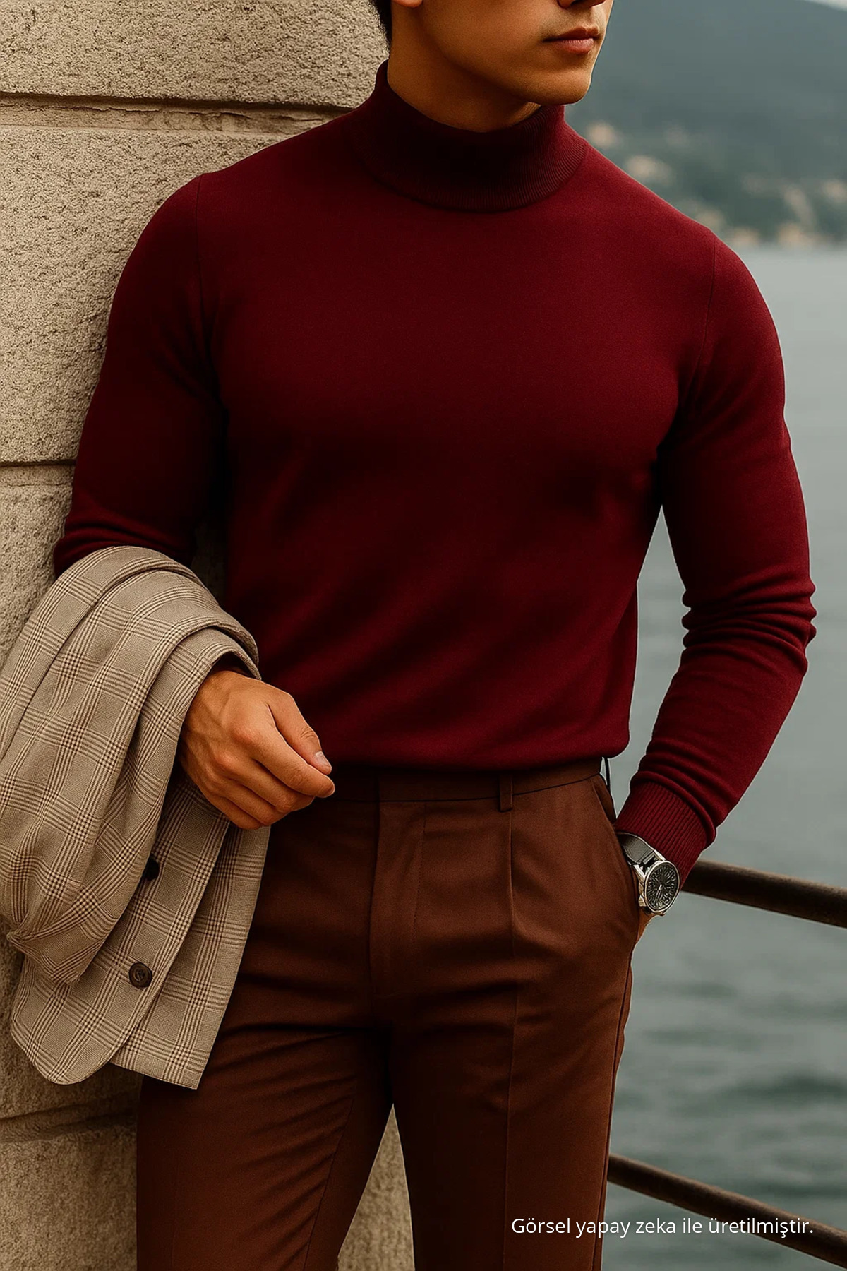 Erkek Boğazlı Casual Bordo Triko Kazak 6