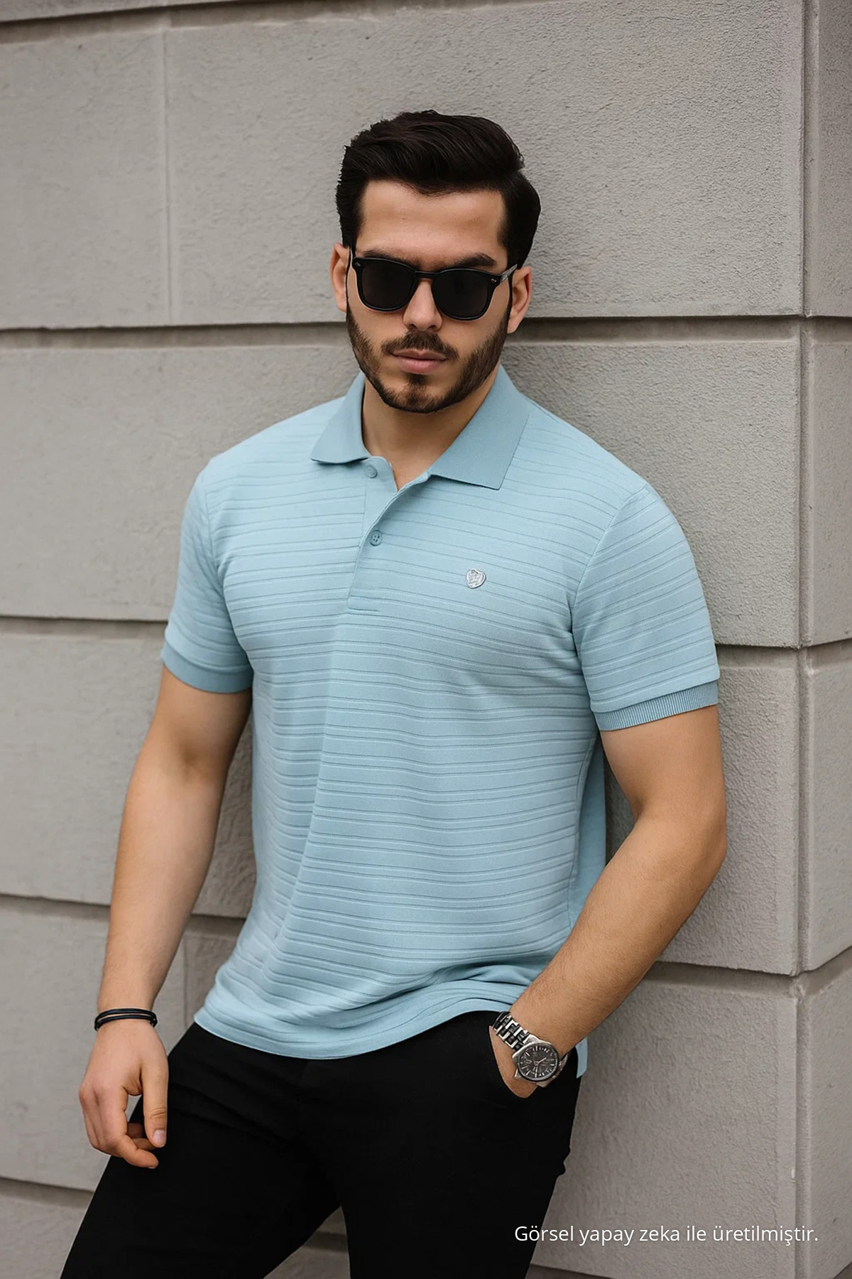 Erkek %100 Pamuklu Kumaş Slim Fit Kesim AÇIK MAVİ Polo Yaka T-shirt 4