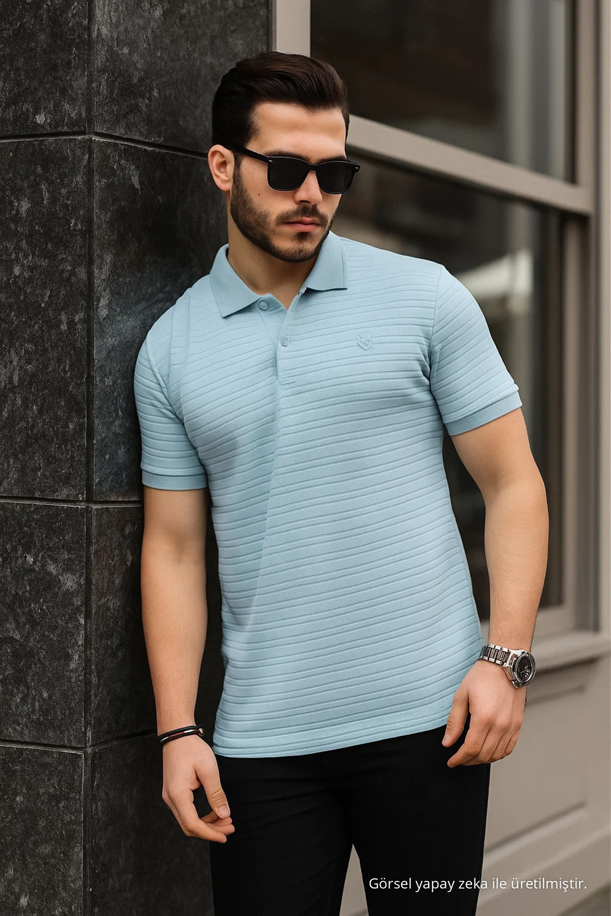 Erkek %100 Pamuklu Kumaş Slim Fit Kesim AÇIK MAVİ Polo Yaka T-shirt 5