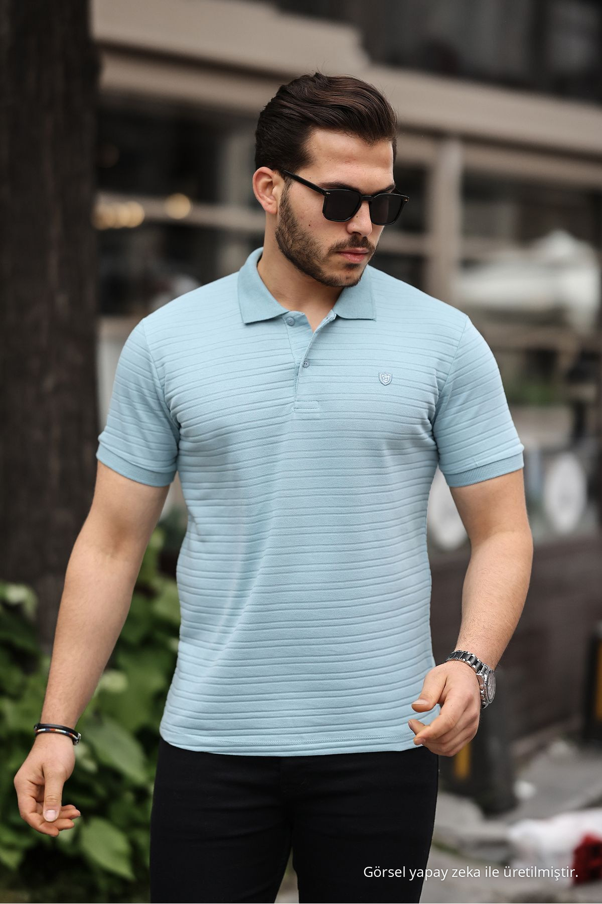 Erkek %100 Pamuklu Kumaş Slim Fit Kesim AÇIK MAVİ Polo Yaka T-shirt 6