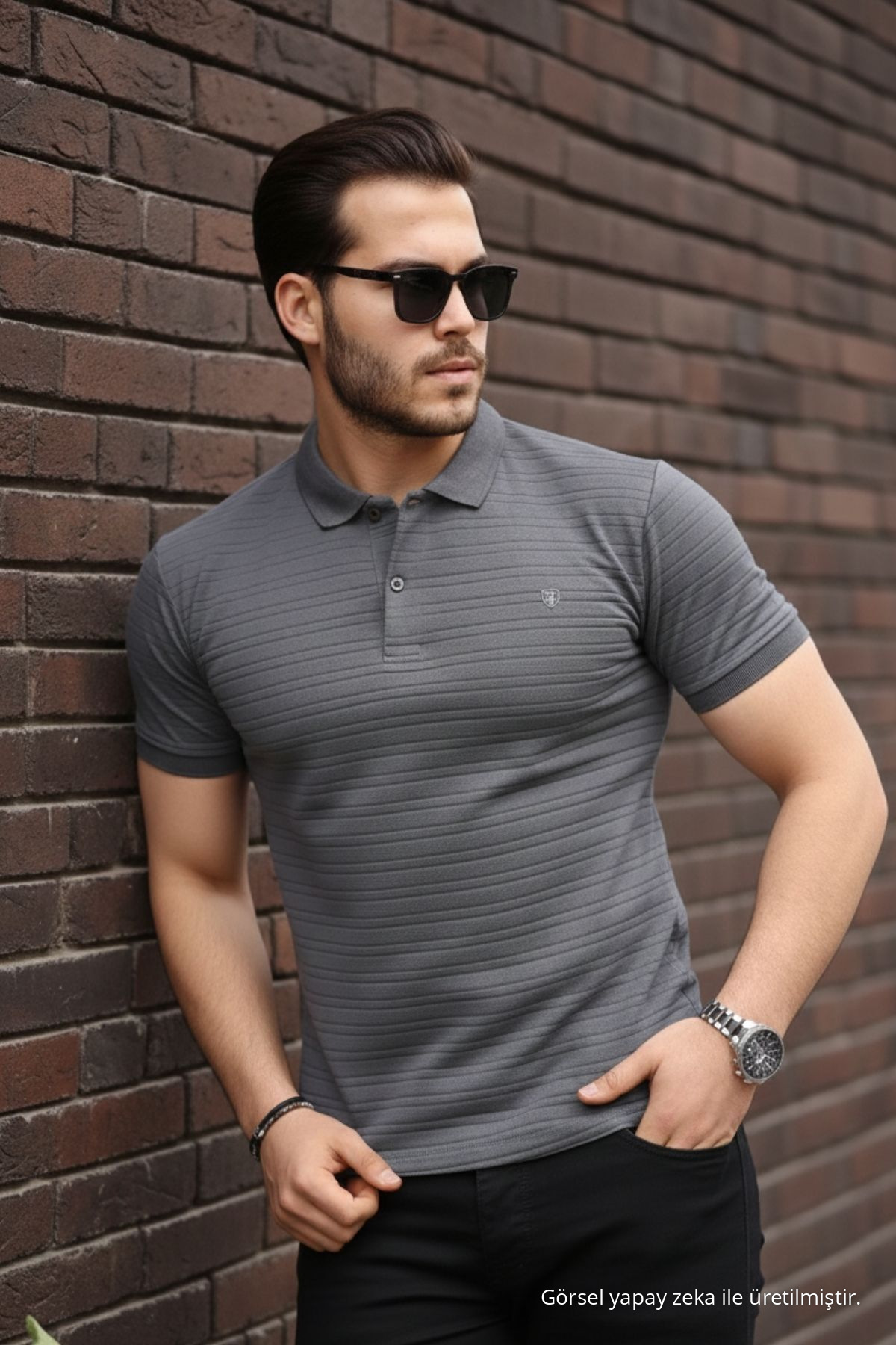 Erkek %100 Pamuklu Kumaş Slim Fit Kesim Füme Polo Yaka T-shirt 4