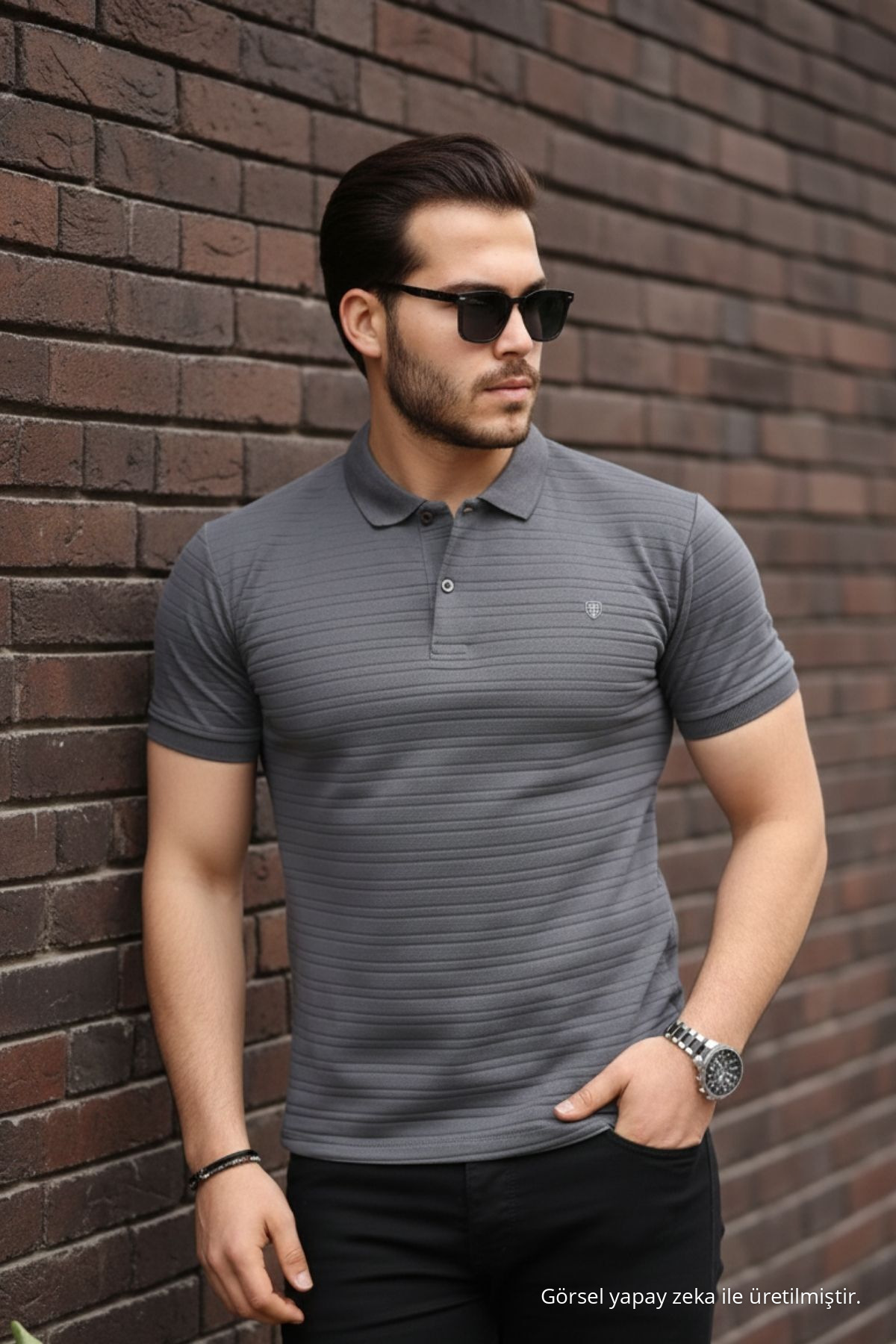 Erkek %100 Pamuklu Kumaş Slim Fit Kesim Füme Polo Yaka T-shirt 5