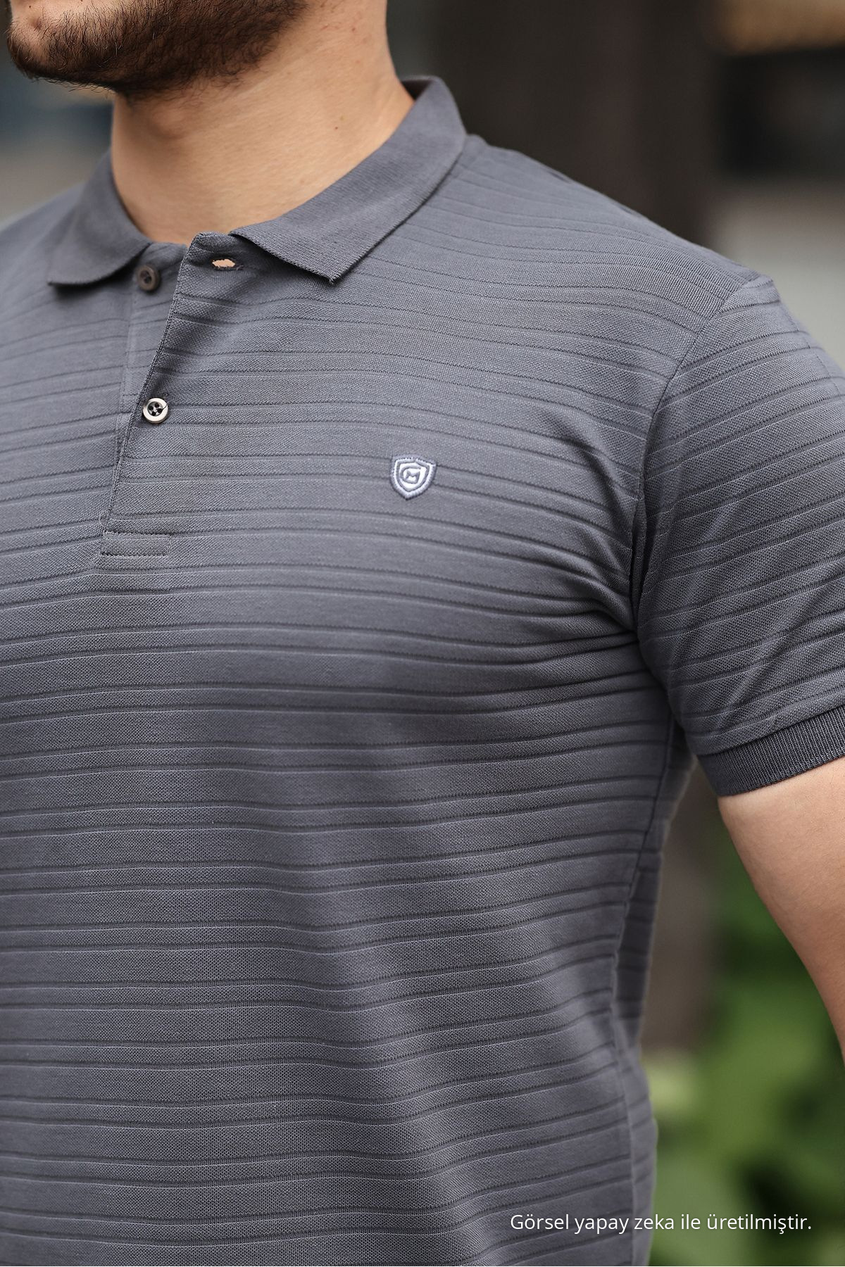 Erkek %100 Pamuklu Kumaş Slim Fit Kesim Füme Polo Yaka T-shirt 3