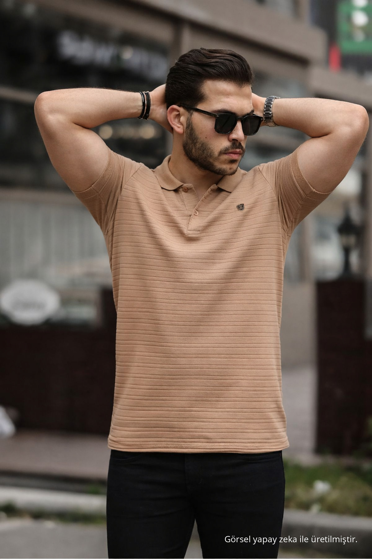 Erkek %100 Pamuklu Kumaş Slim Fit Kesim Karamel Polo Yaka T-shirt 5