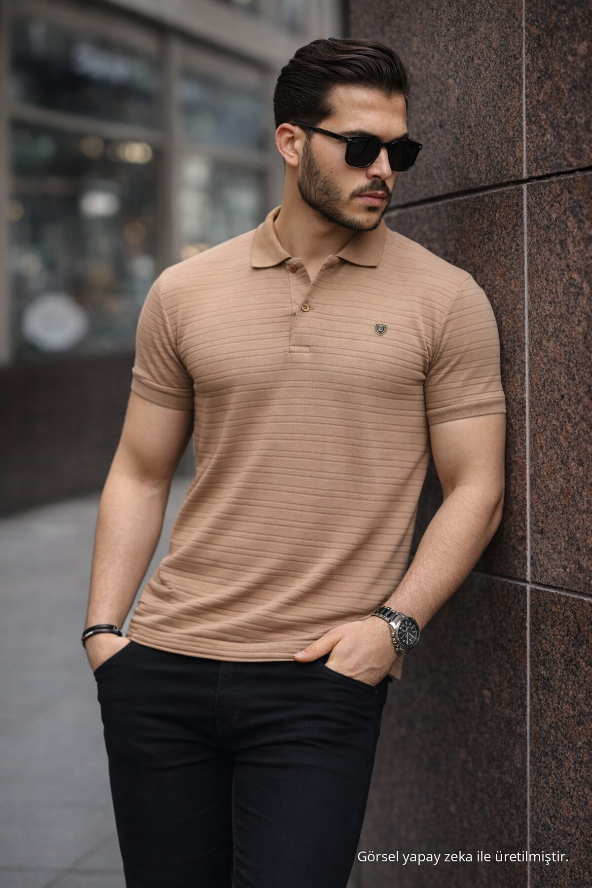 Erkek %100 Pamuklu Kumaş Slim Fit Kesim Karamel Polo Yaka T-shirt 4