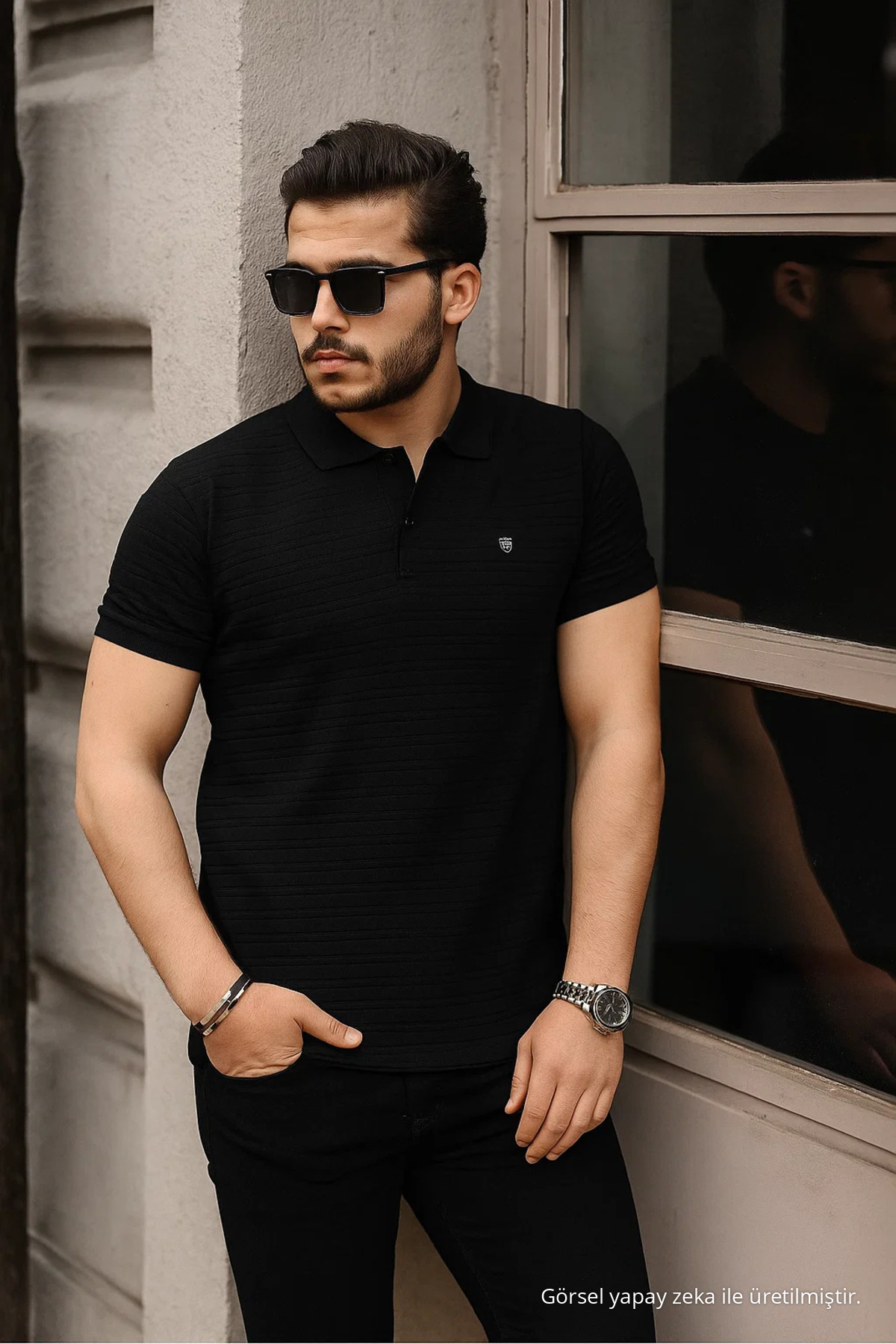 Erkek %100 Pamuklu Kumaş Slim Fit Kesim SİYAH Polo Yaka T-shirt 5