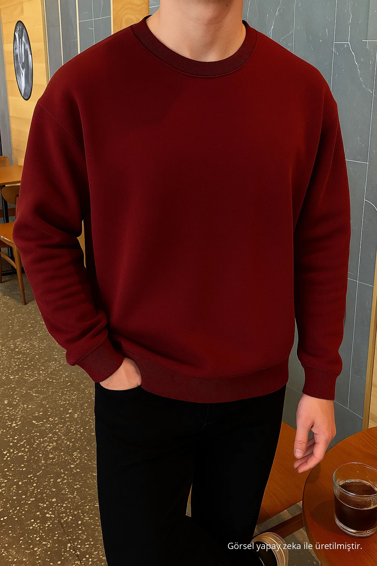 Erkek Relax Fit Kışlık Bordo Basic Kazak 6