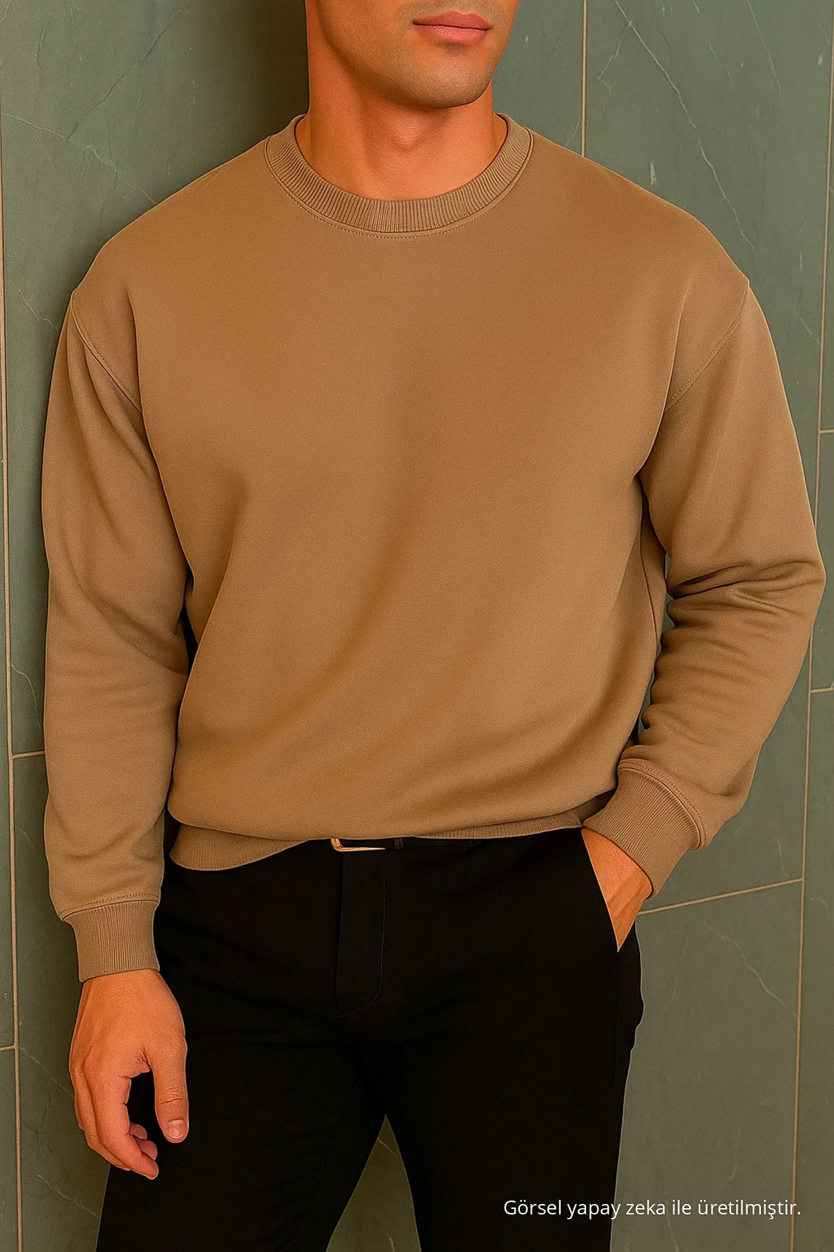 Erkek Relax Fit Kışlık Vizon Basic Kazak 5