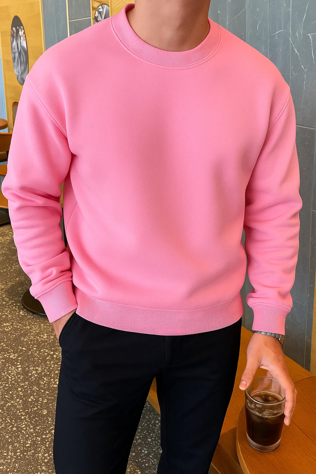 Erkek Relax Fit Kışlık Pembe Basic Kazak