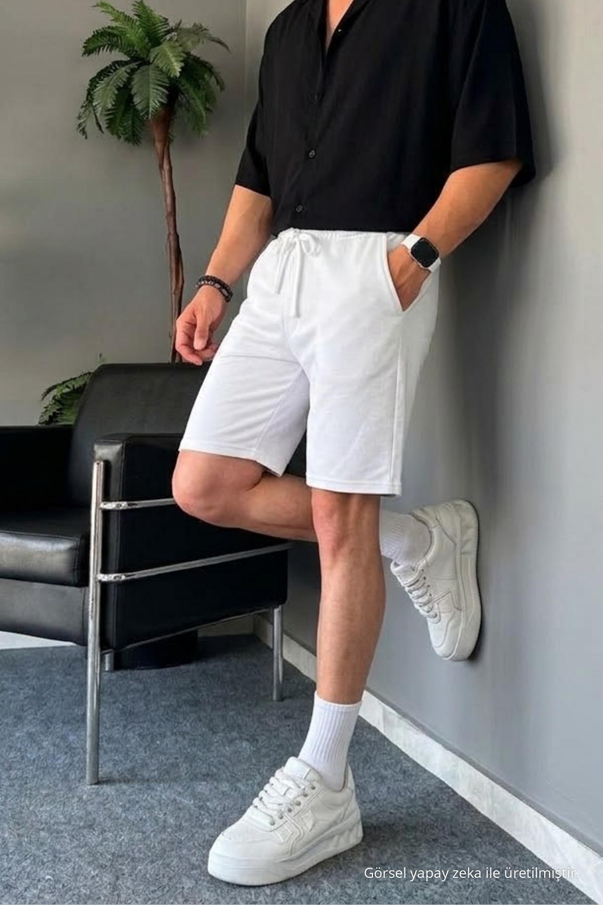 Erkek Beli Lastikli Rahat Basic Beyaz Şort 3