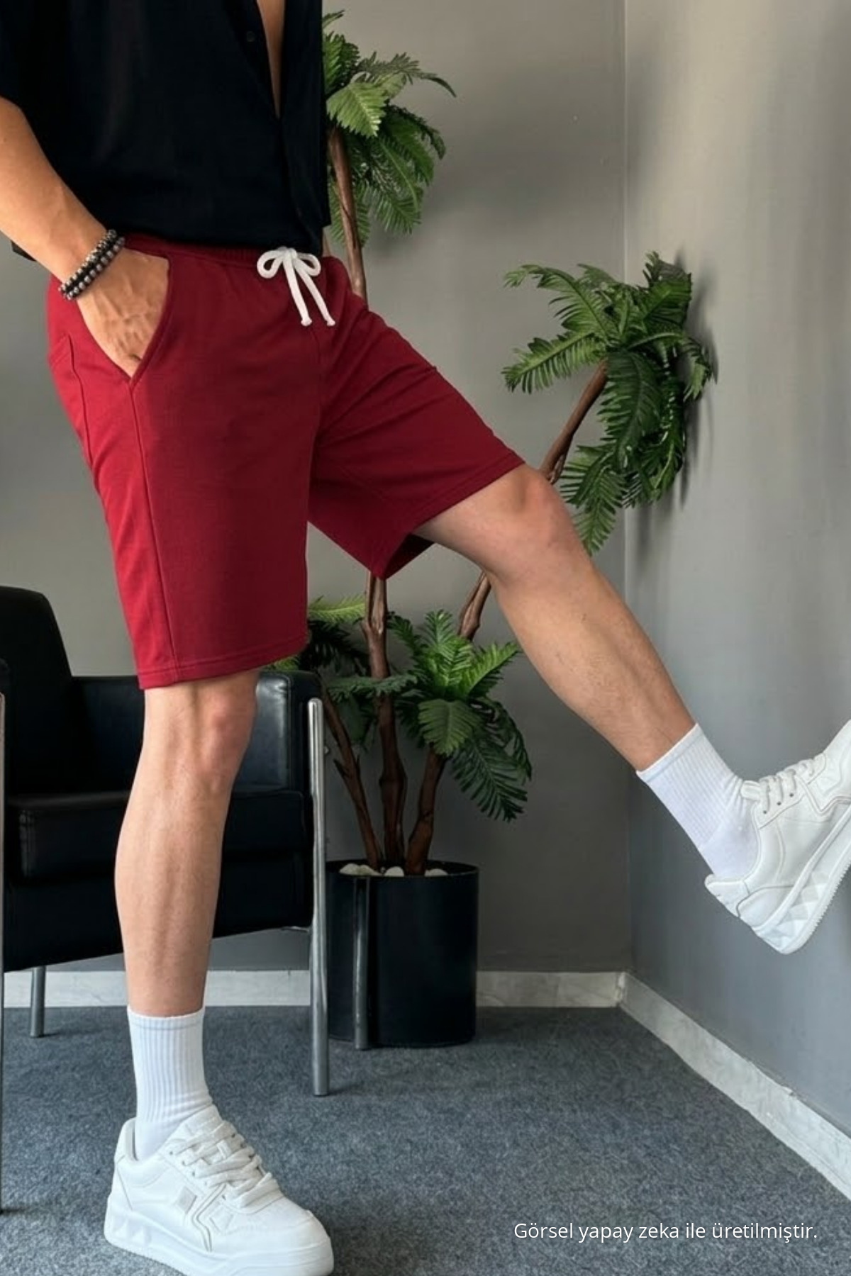 Erkek Beli Lastikli Rahat Basic Bordo Şort 3