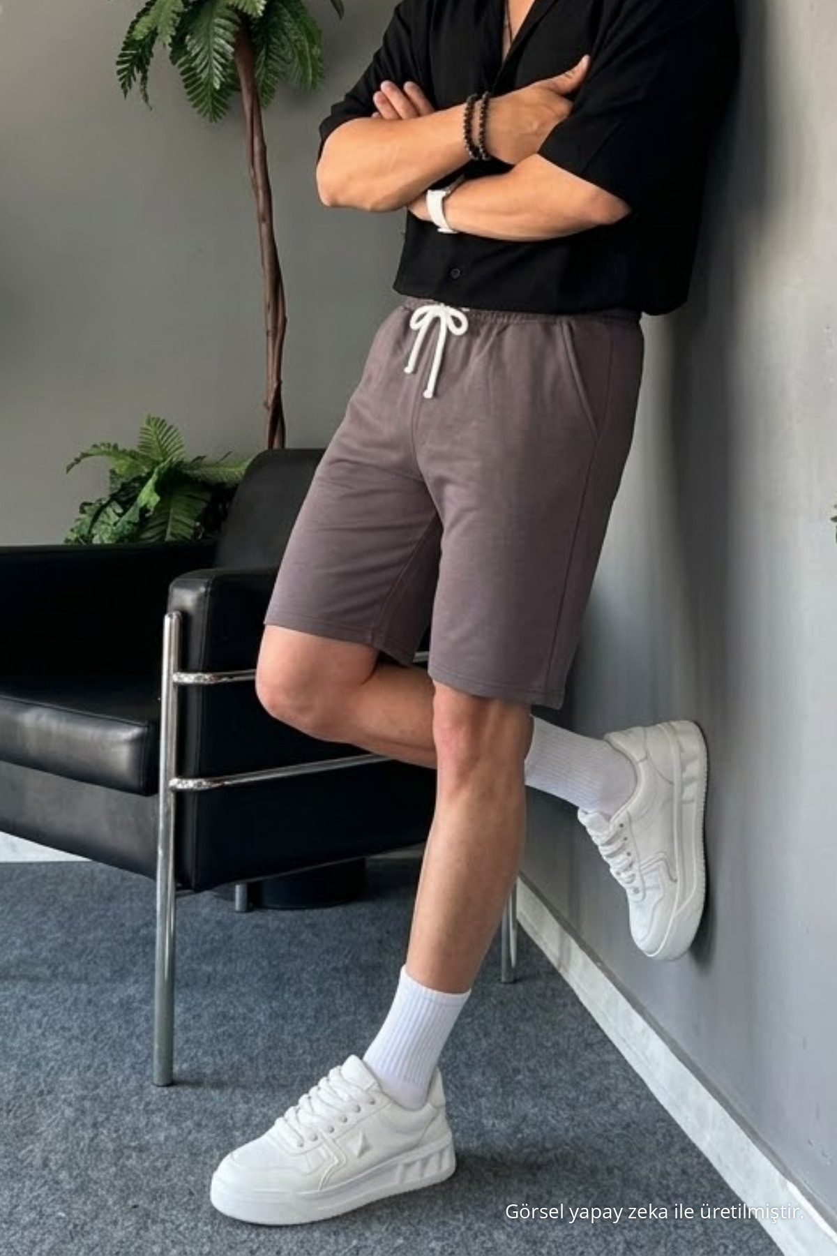 Erkek Beli Lastikli Rahat Basic Füme Şort 4