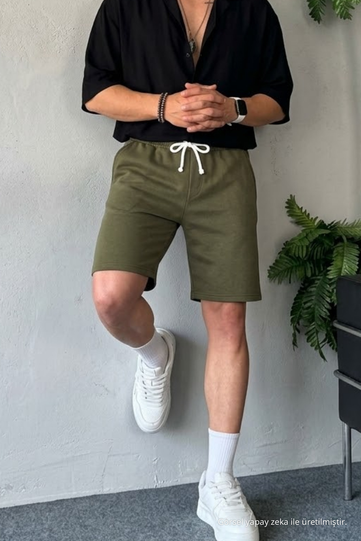 Erkek Beli Lastikli Rahat Basic Haki Şort 4