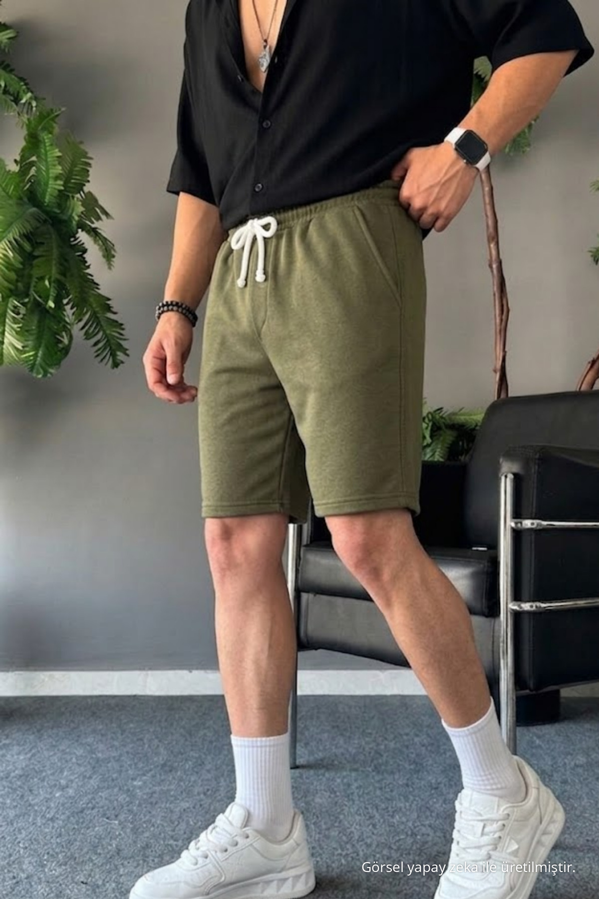 Erkek Beli Lastikli Rahat Basic Haki Şort 5