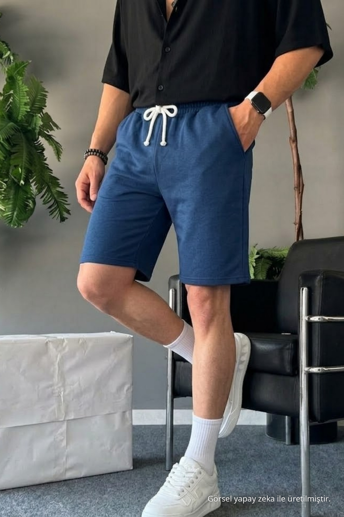 Erkek Bel Lastikli Rahat Basic Lacivert Şort 3