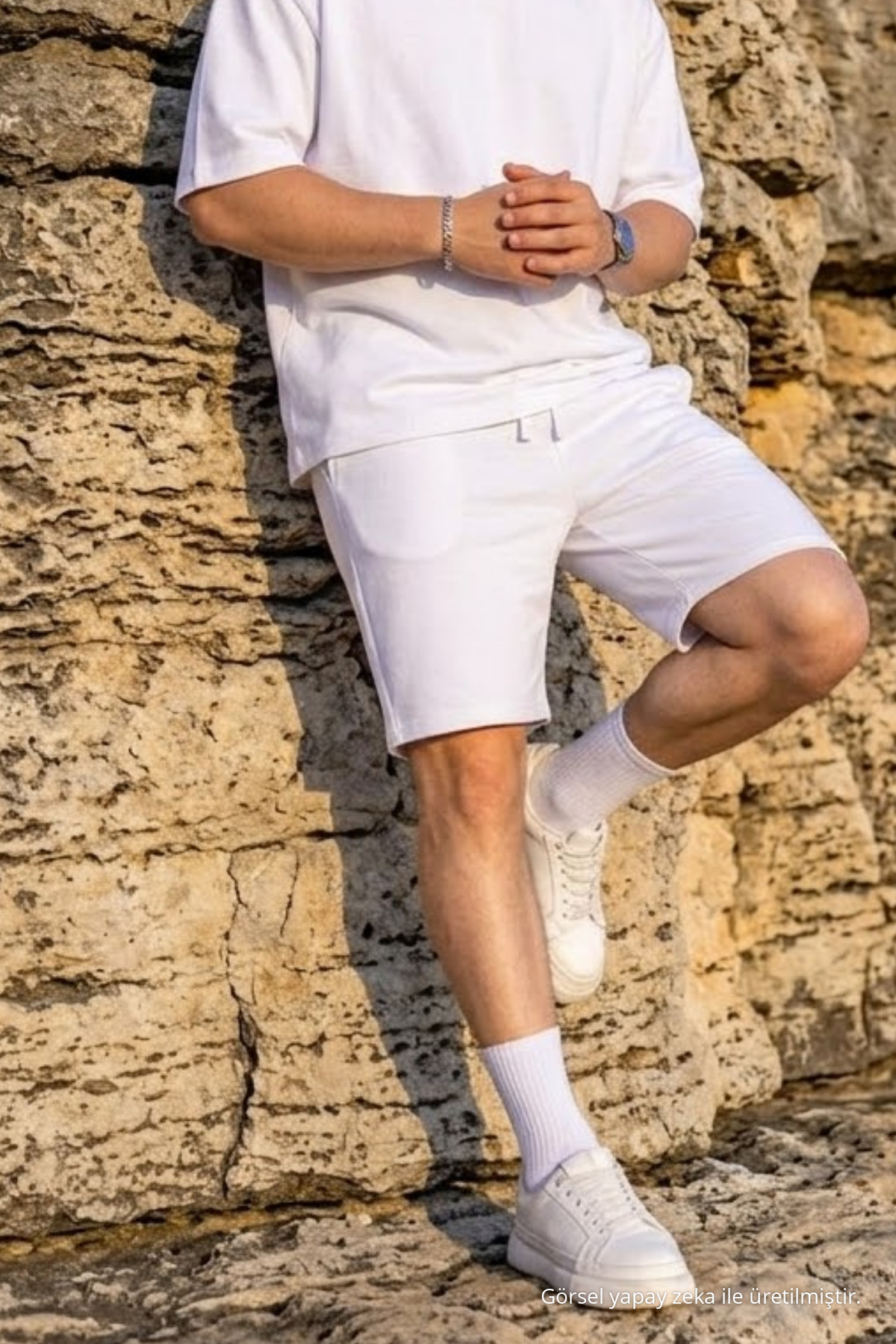 Erkek Pamuklu Casual Cepli Bol Beyaz Şort 4